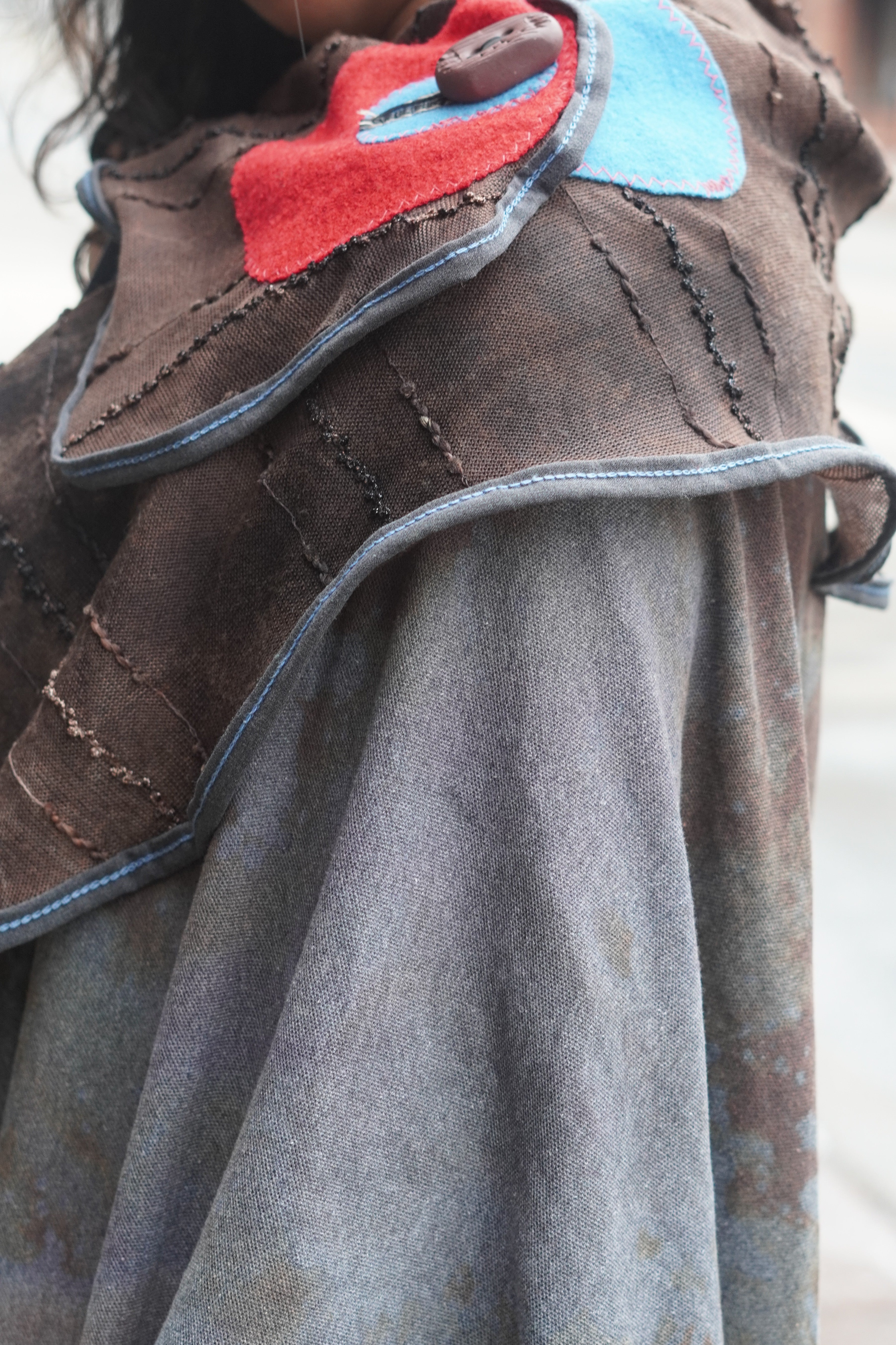 Hand-Dyed Full Length Grey and Beige Cotton Cape with Leather and Boiled Wool Detail by Pepin Designs