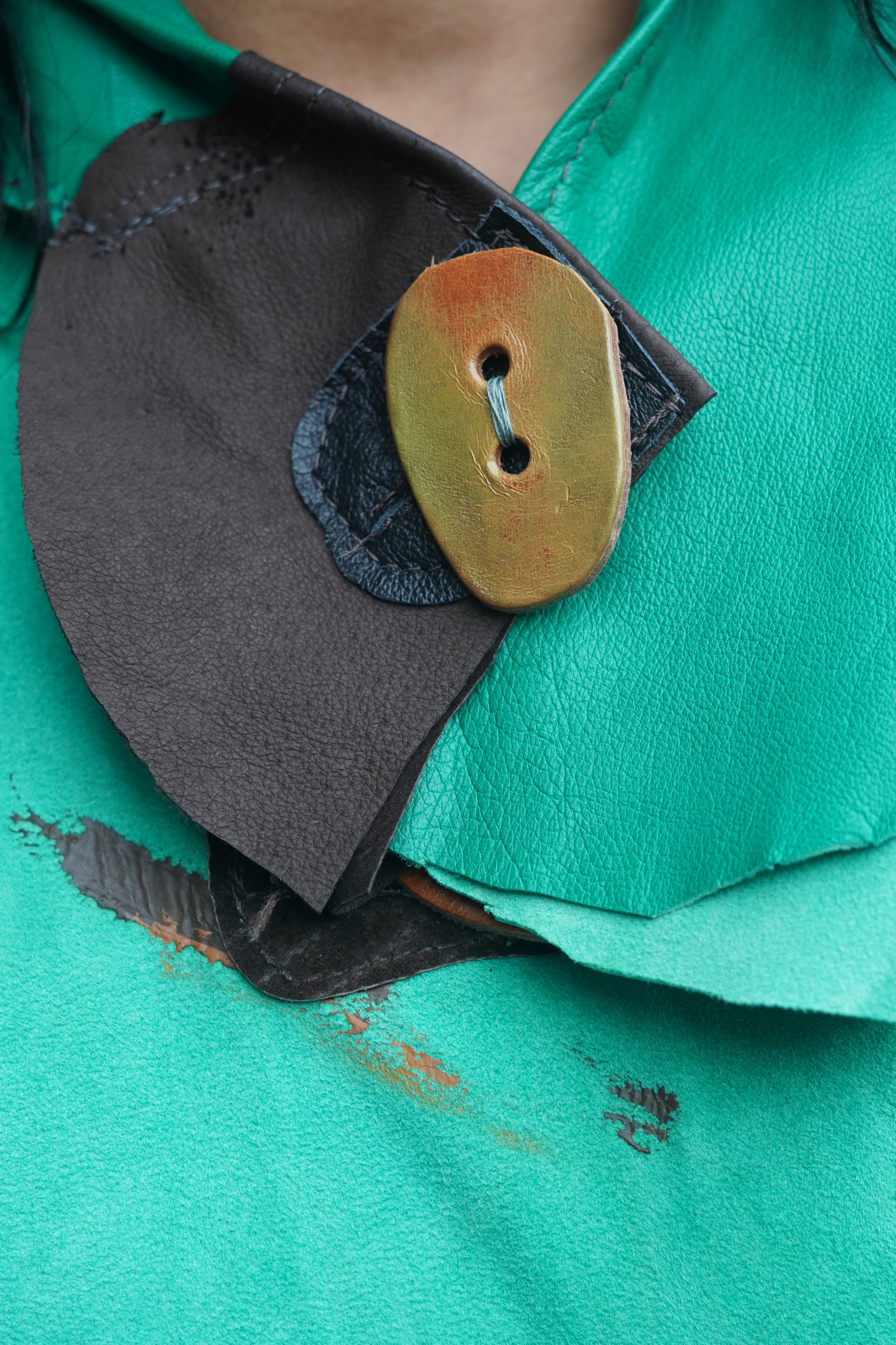 Hand-painted Lightweight Green Leather Fringed Cape by Pepin Designs