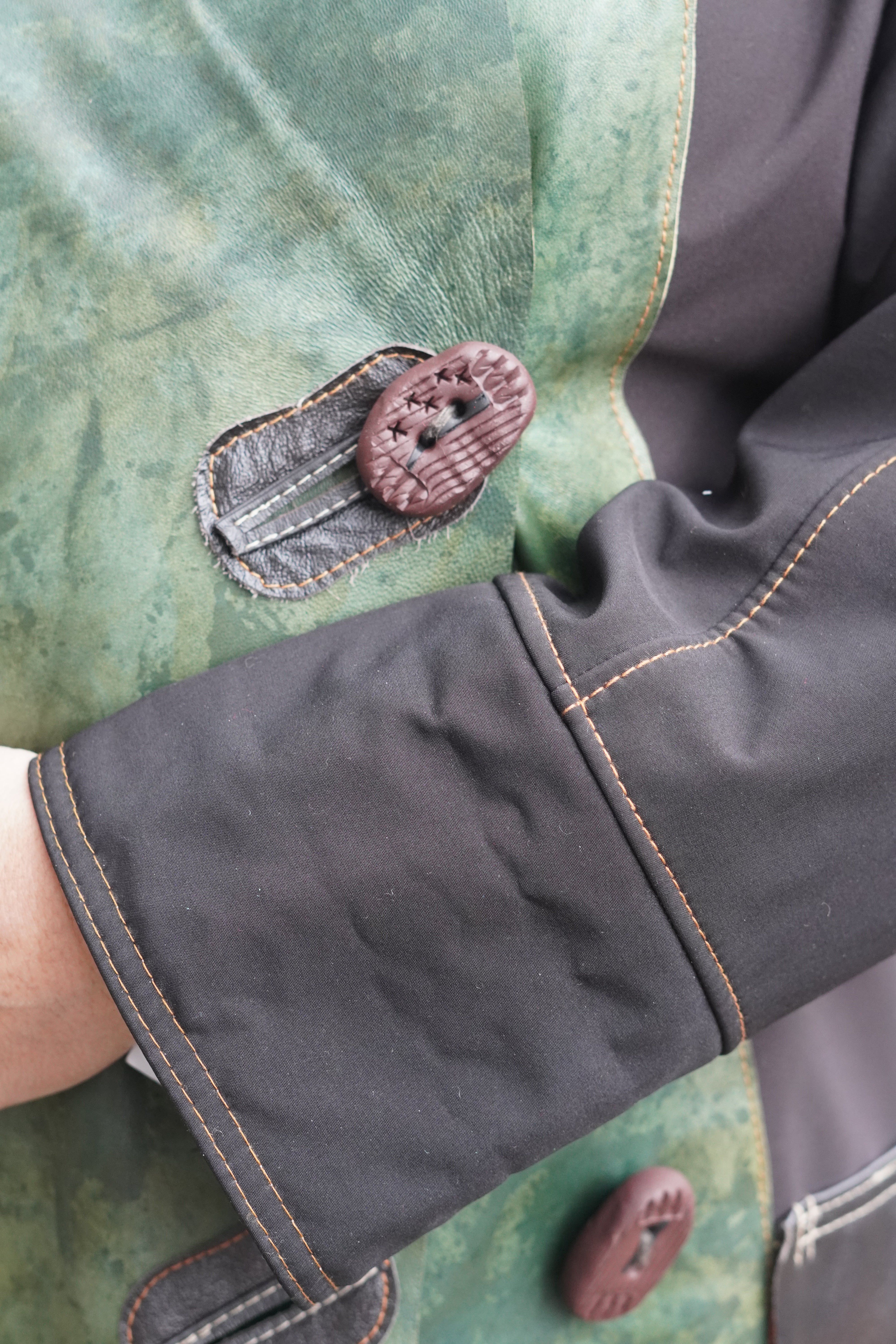 Three Quarter Length Lightweight acket with Green Leather on Grey and Beige by Pepin Designs