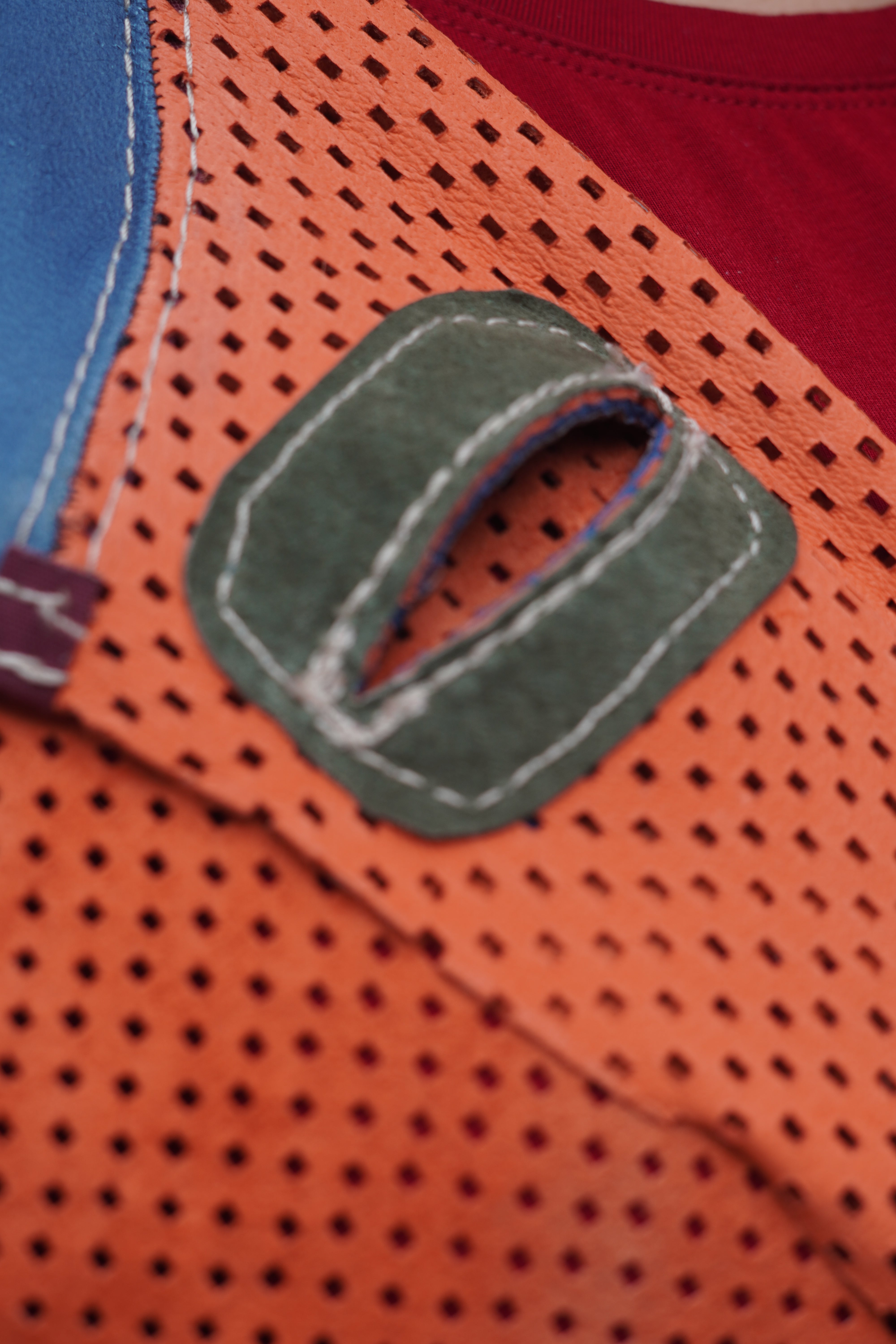 Orange and Green Perforated Suede Leather Jacket by Pepin Designs #16