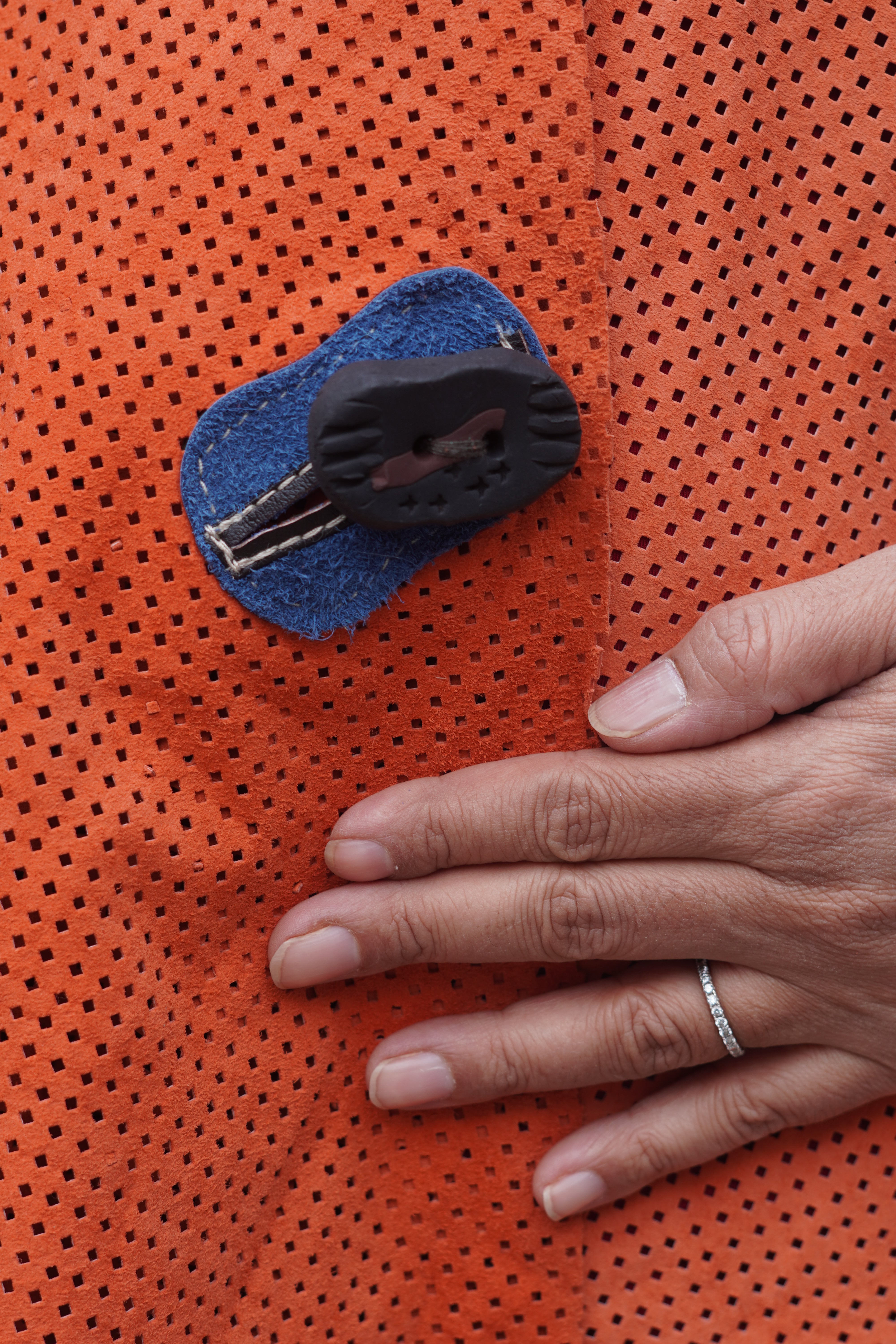 Orange and Green Perforated Suede Leather Jacket by Pepin Designs #16