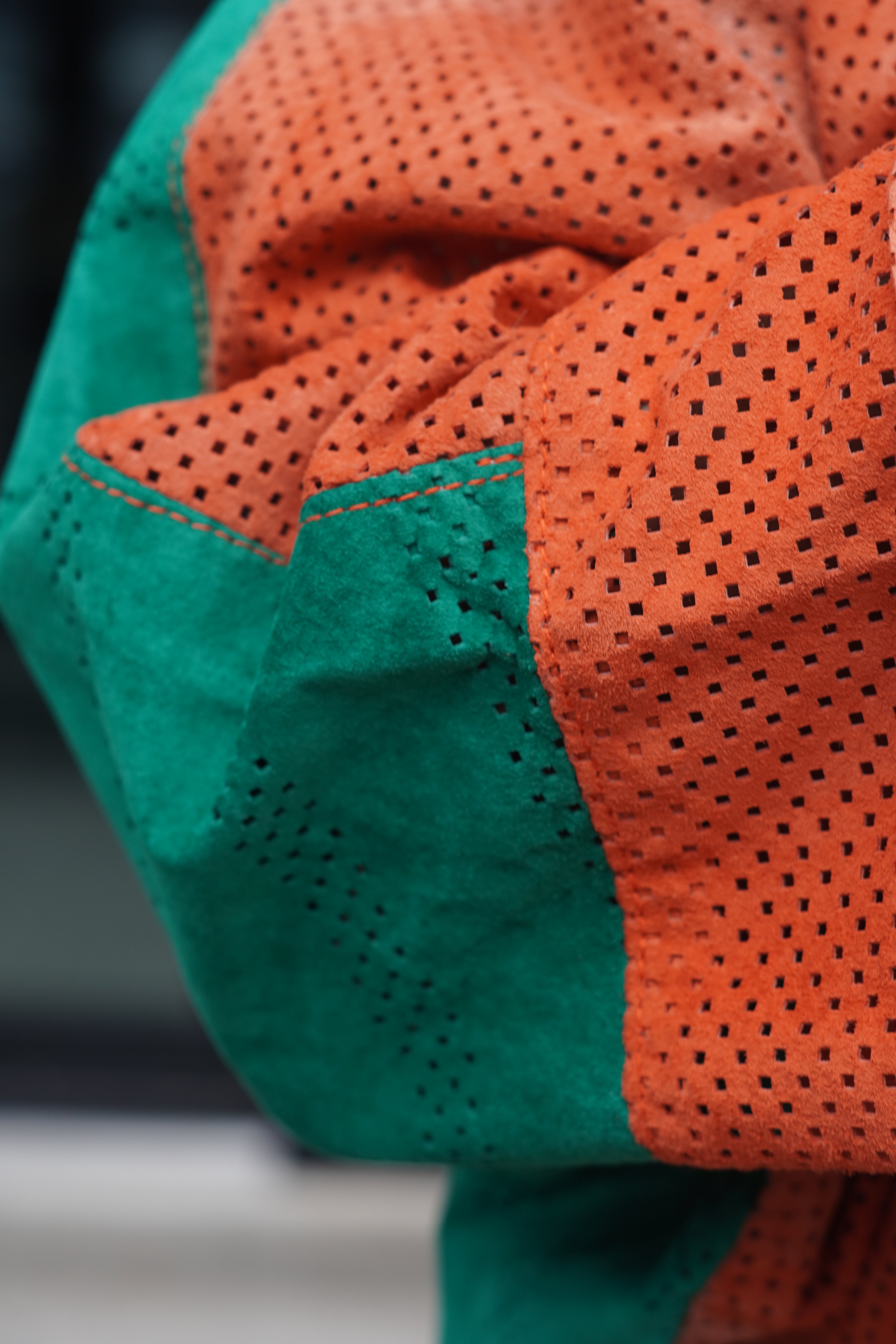 Orange and Green Perforated Suede Leather Jacket by Pepin Designs #16
