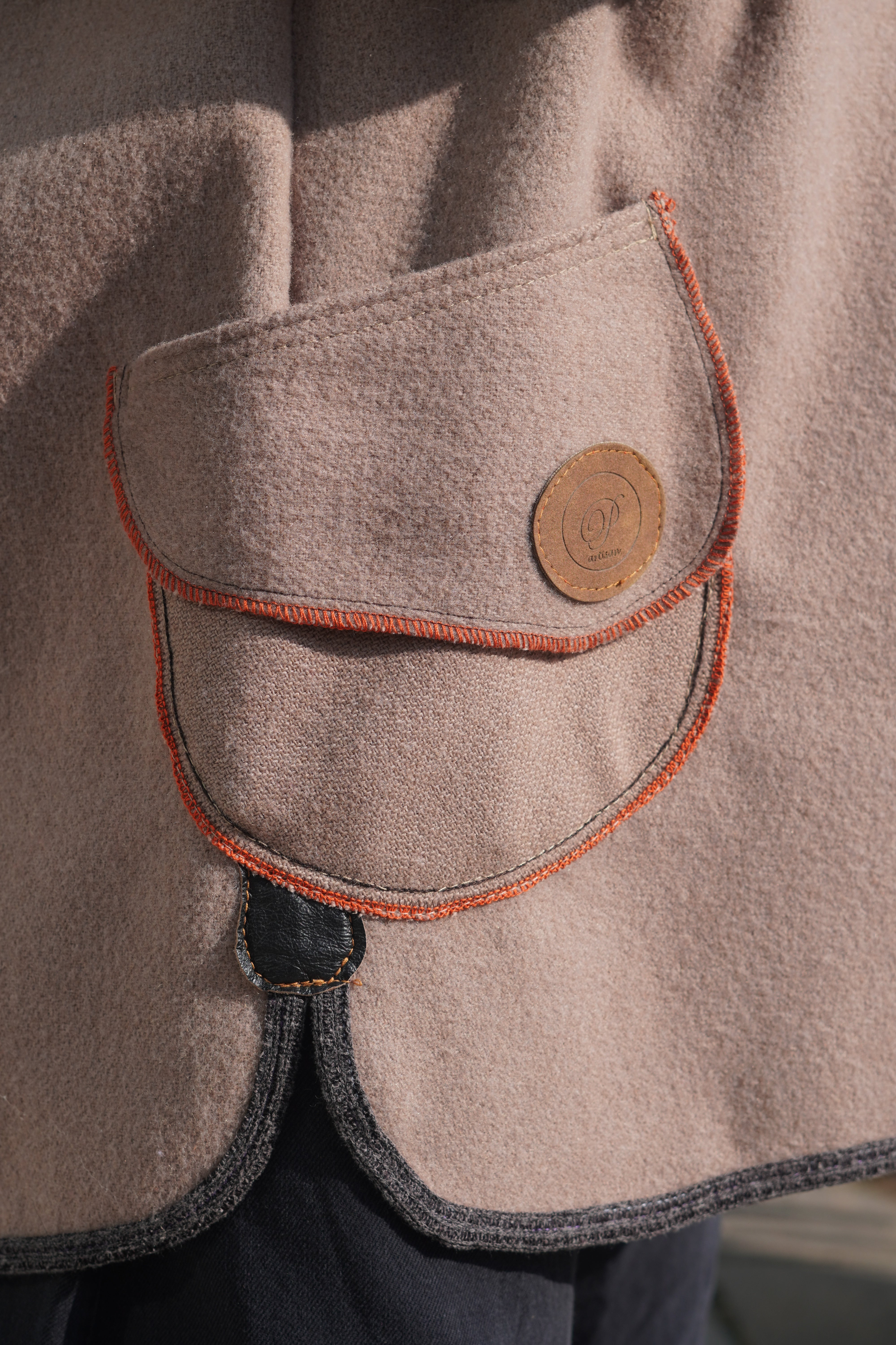 Taupe Textured Wool Coat with Orange Trim by Pepin Designs #25