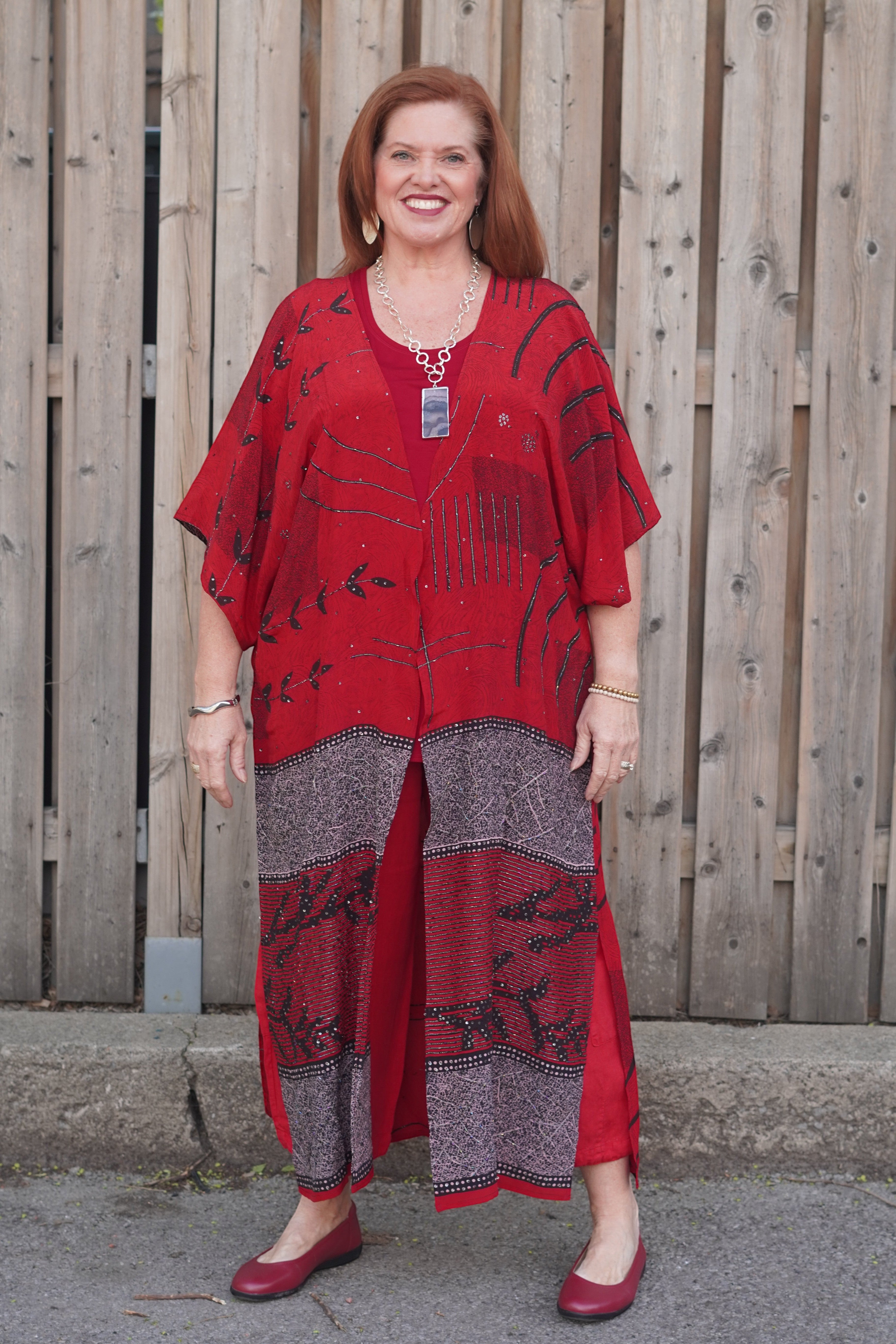 PRC9063 Avatar Long Pure Silk Kimono Sleeved Duster with Belt