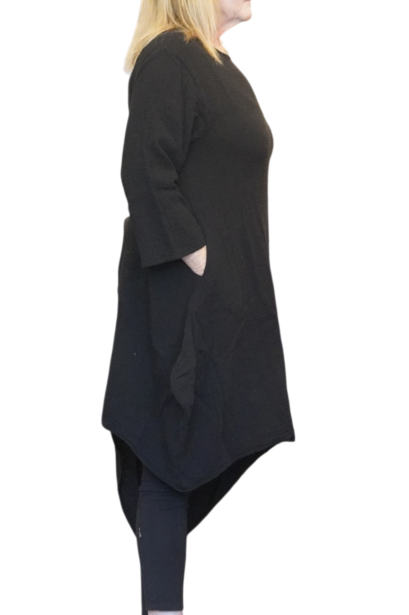 Black Waffle Cotton Asymmetrical Tunic