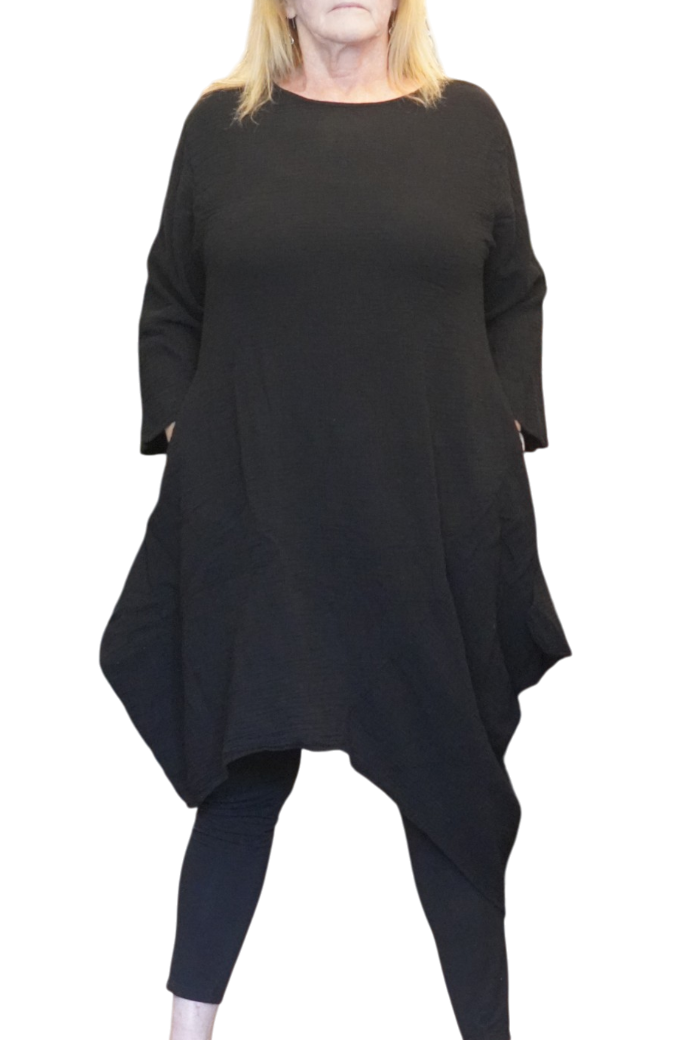 Black Waffle Cotton Asymmetrical Tunic