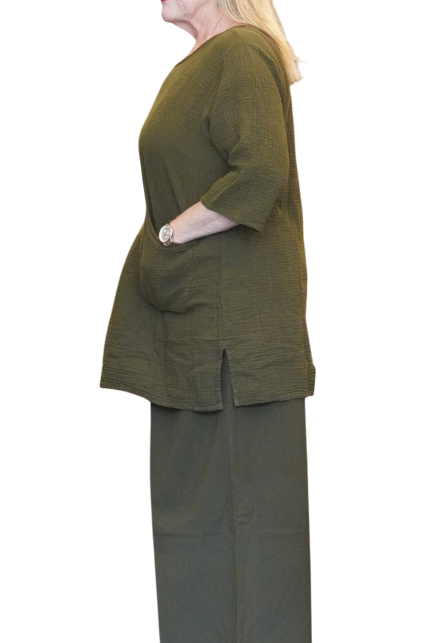 Olive Waffle Cotton Tunic with Patch Pockets