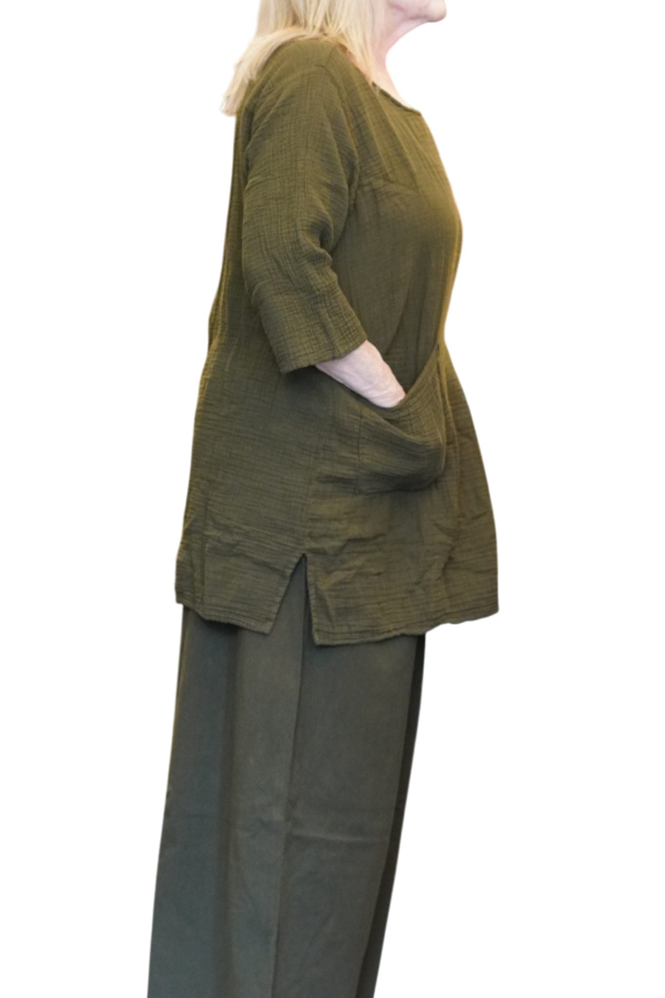 Olive Waffle Cotton Tunic with Patch Pockets