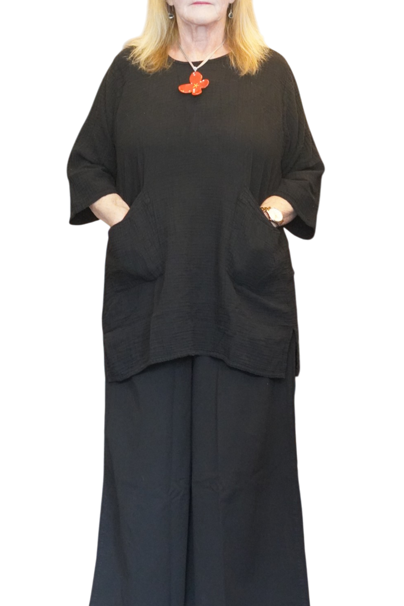 Black Waffle Cotton Tunic with Patch Pockets
