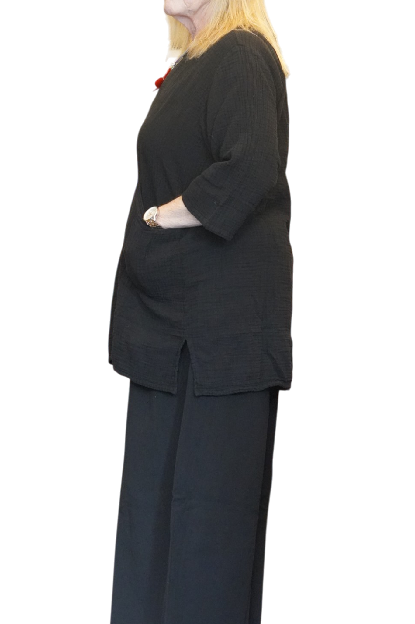 Black Waffle Cotton Tunic with Patch Pockets