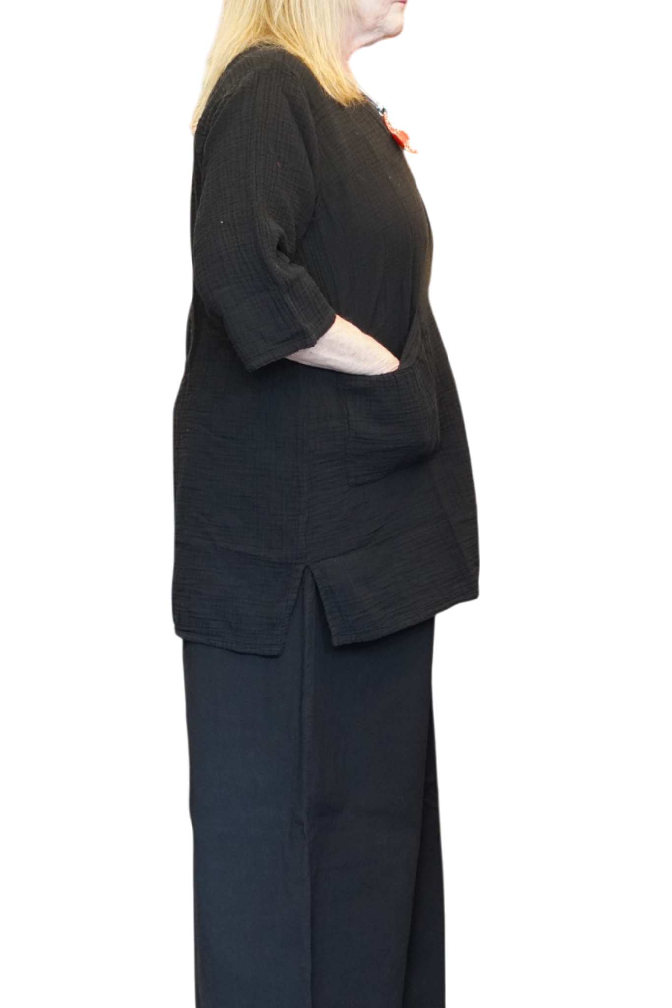 Black Waffle Cotton Tunic with Patch Pockets