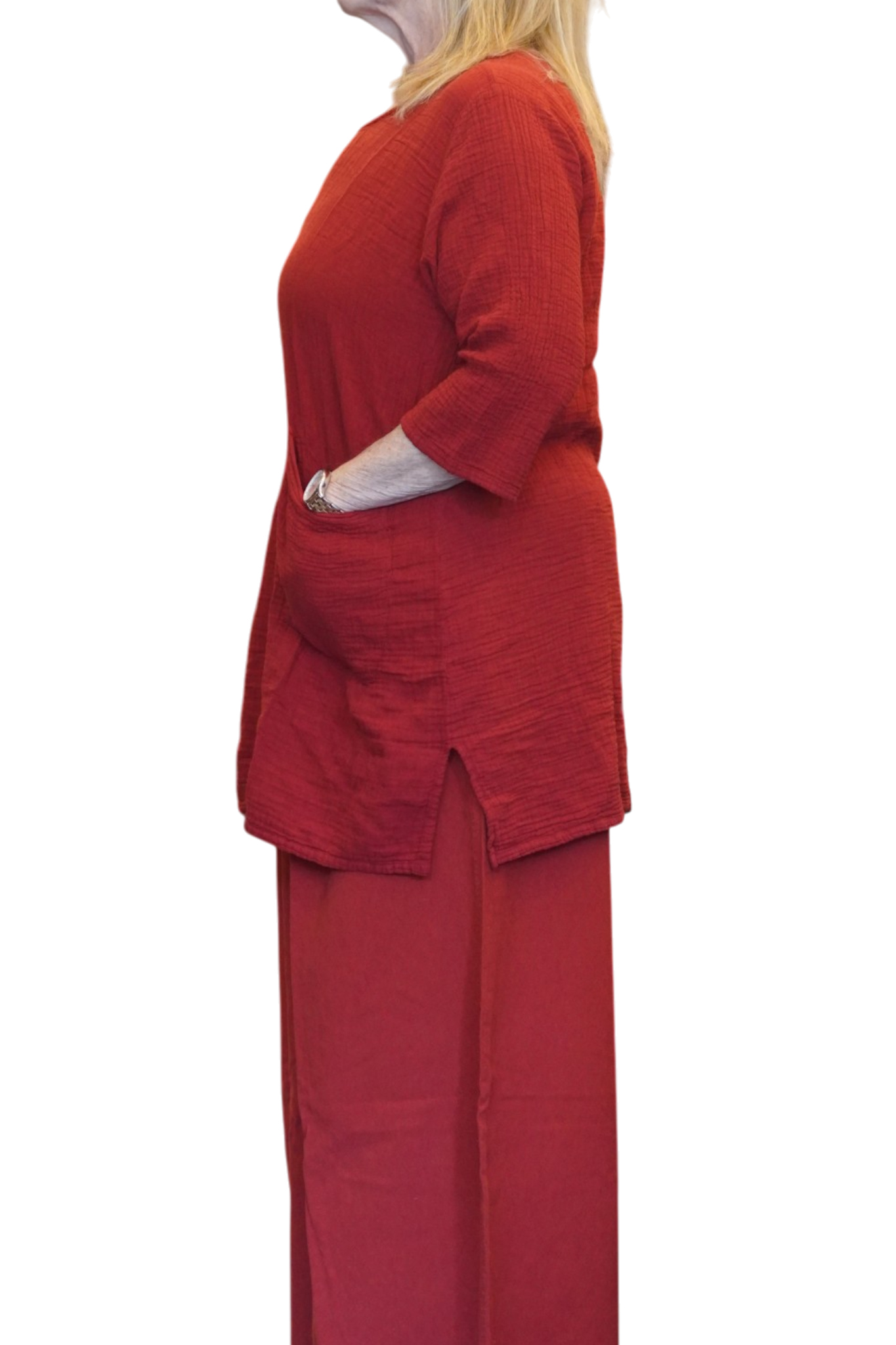 Red Waffle Cotton Tunic with Patch Pockets