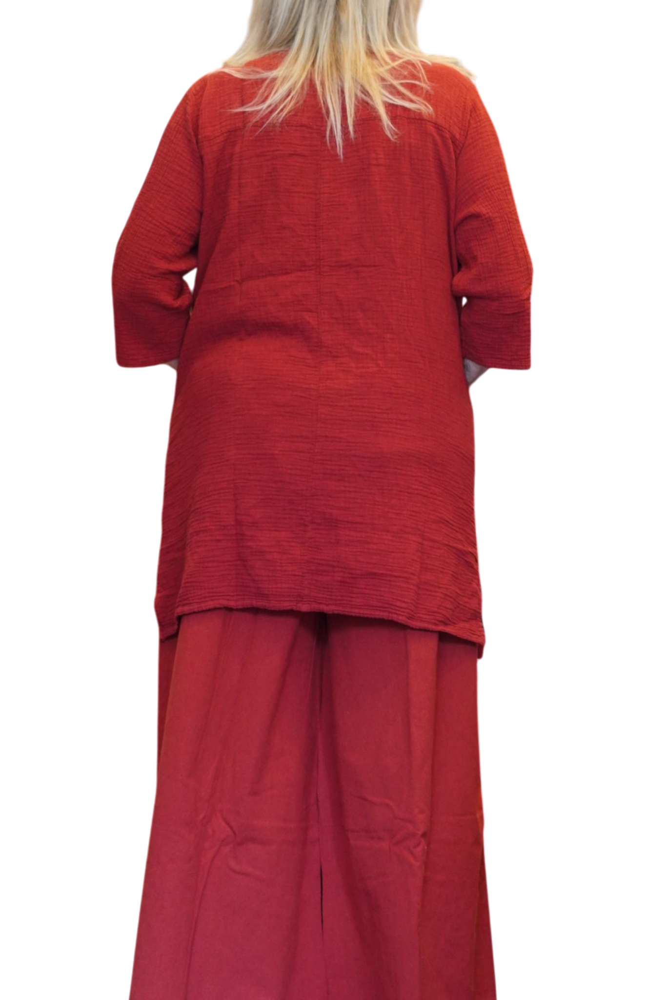 Red Waffle Cotton Tunic with Patch Pockets