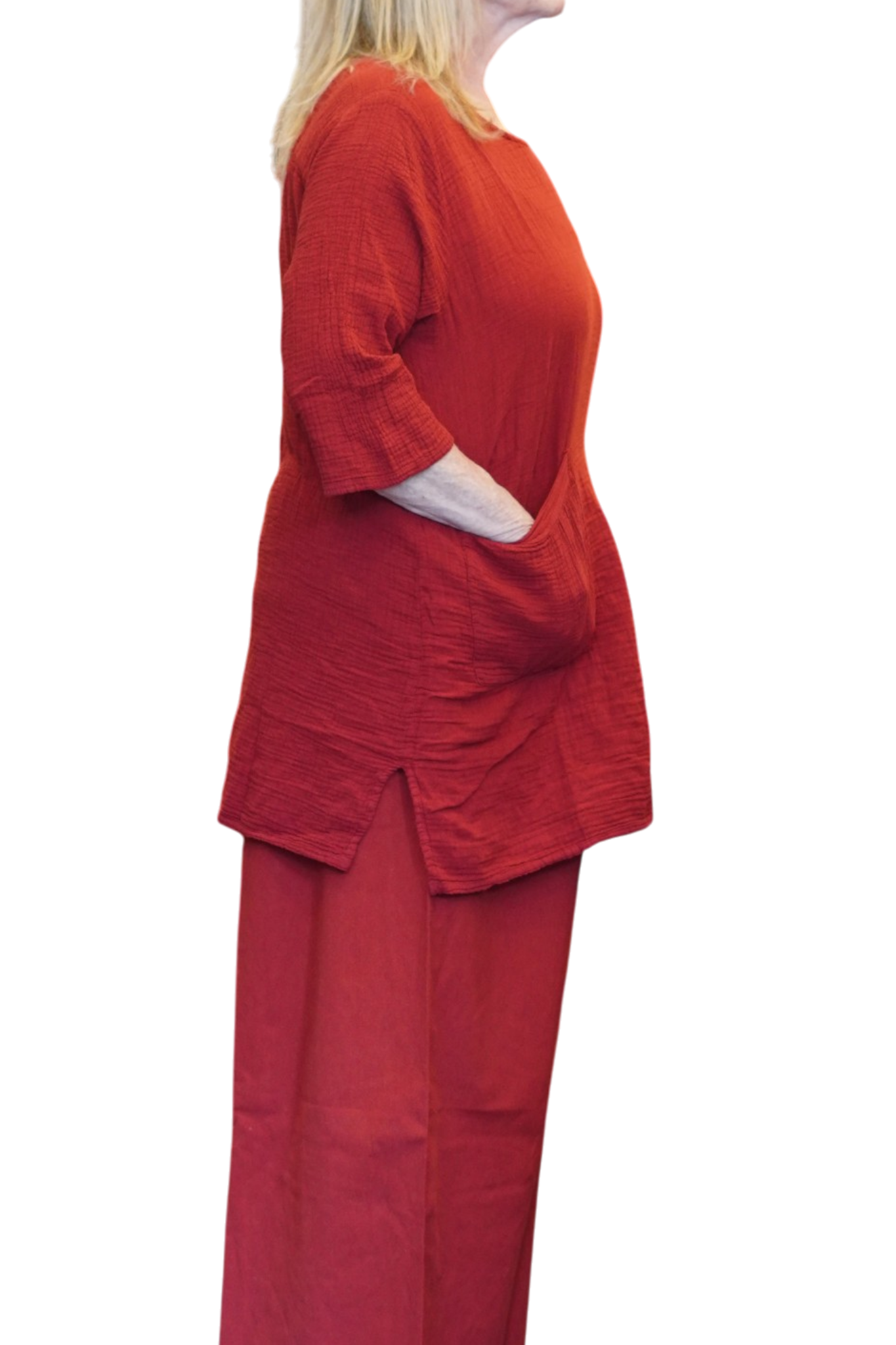 Red Waffle Cotton Tunic with Patch Pockets