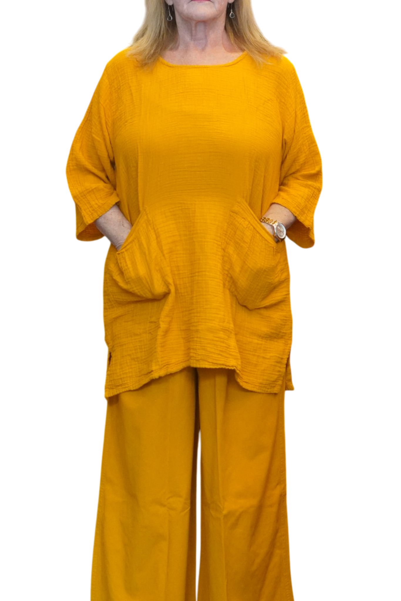 Mustard Waffle Cotton Tunic with Patch Pockets