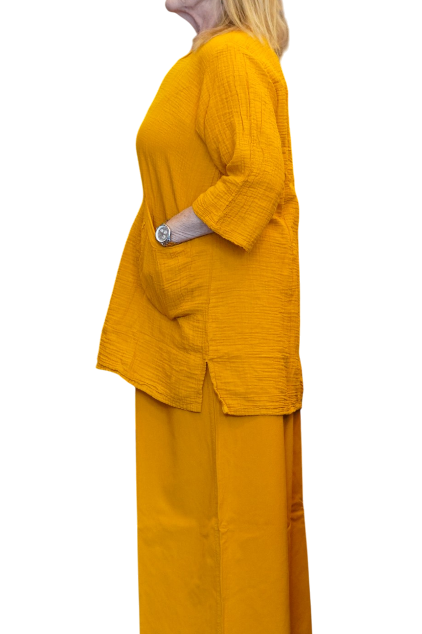 Mustard Waffle Cotton Tunic with Patch Pockets