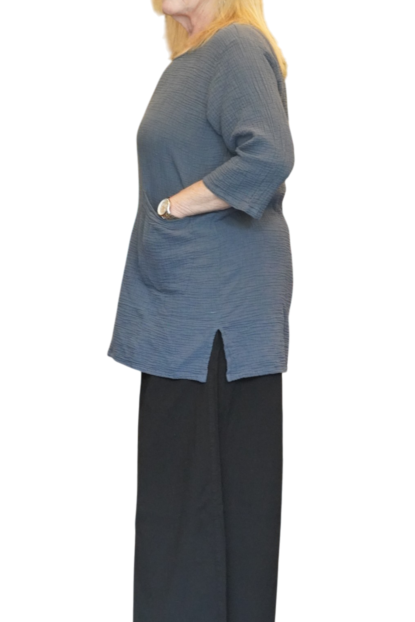 Denim Waffle Cotton Tunic with Patch Pockets