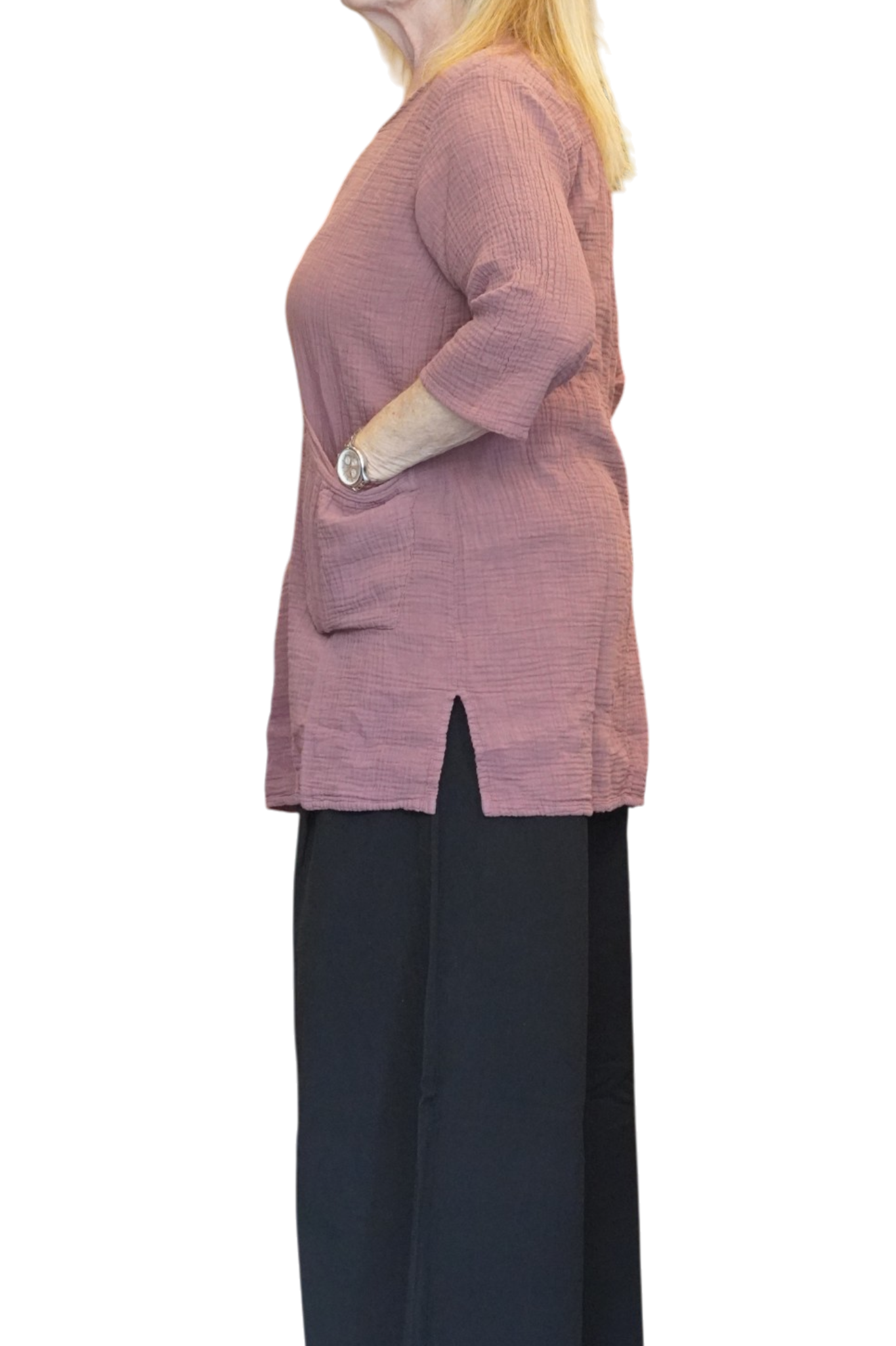 Dusty Rose Waffle Cotton Tunic with Patch Pockets