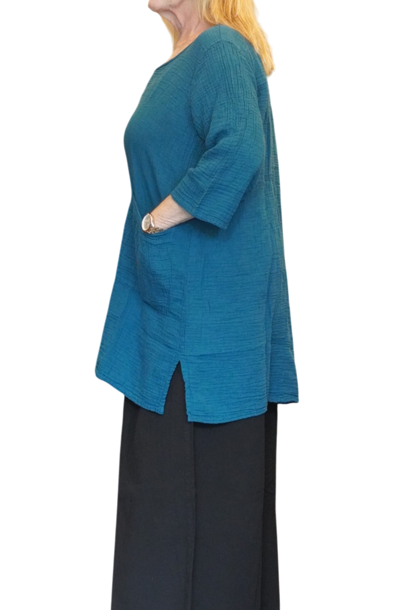 Teal Waffle Cotton Tunic with Patch Pockets