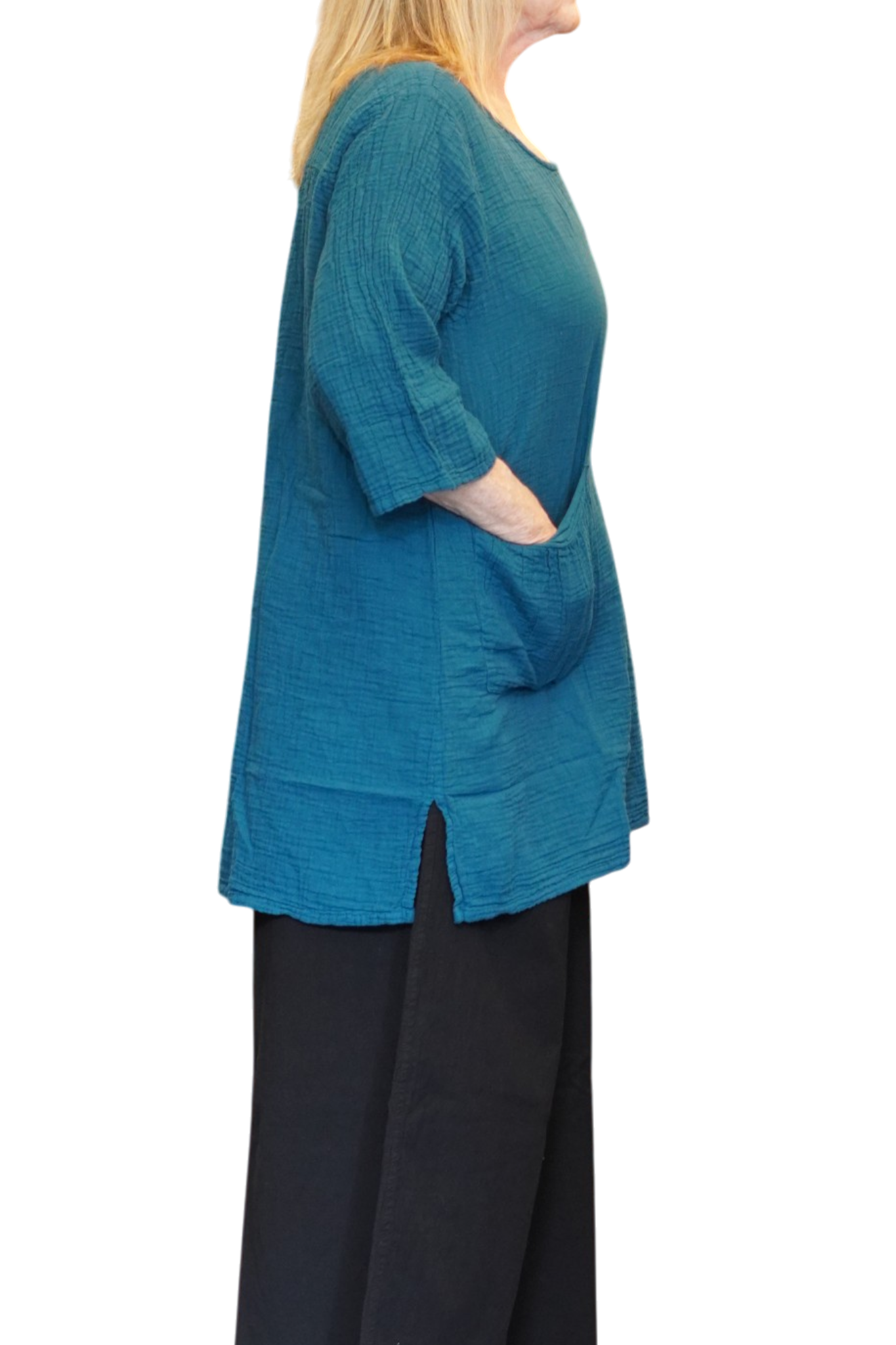 Teal Waffle Cotton Tunic with Patch Pockets