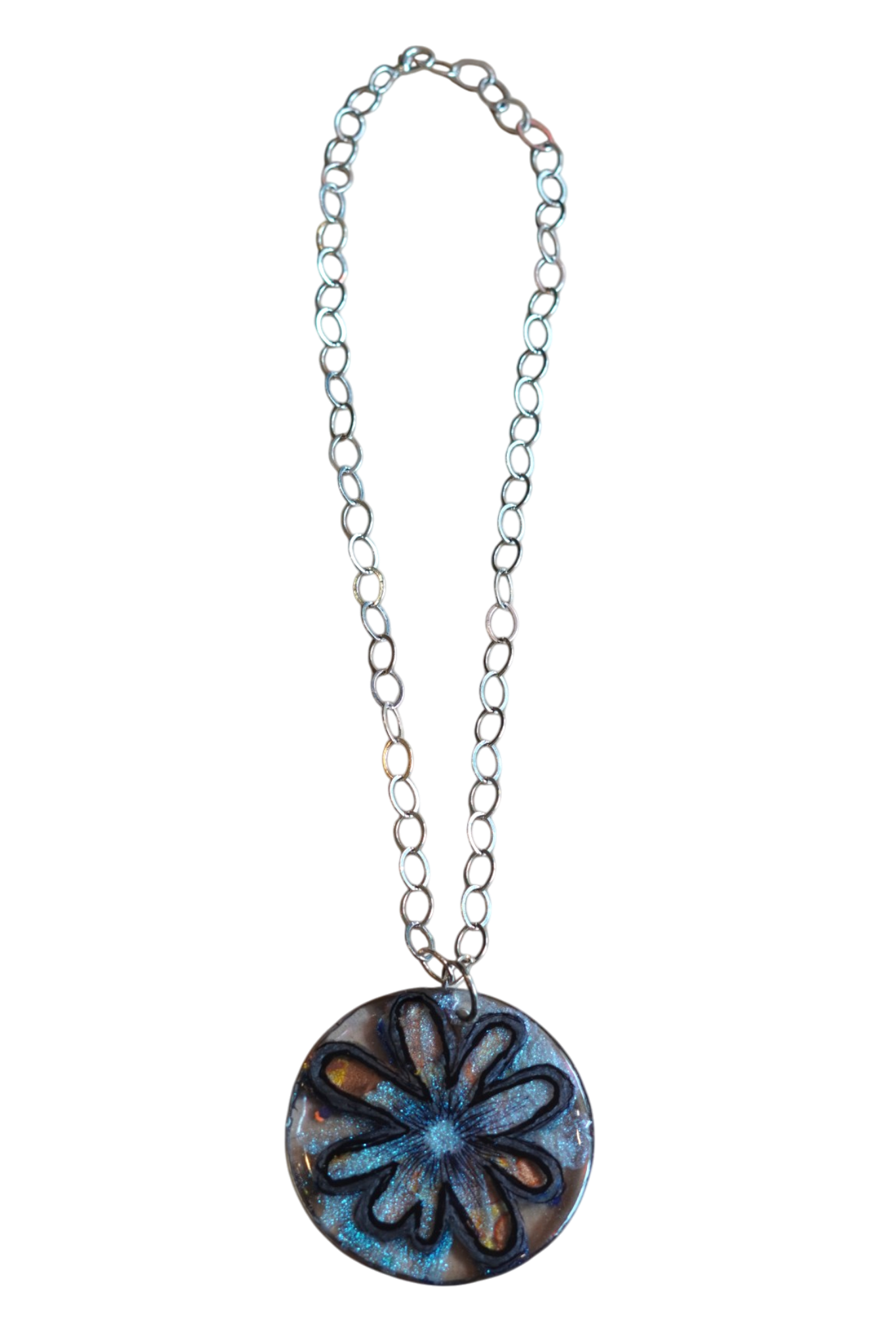 Blue and Coral Graphic Flower Pendant