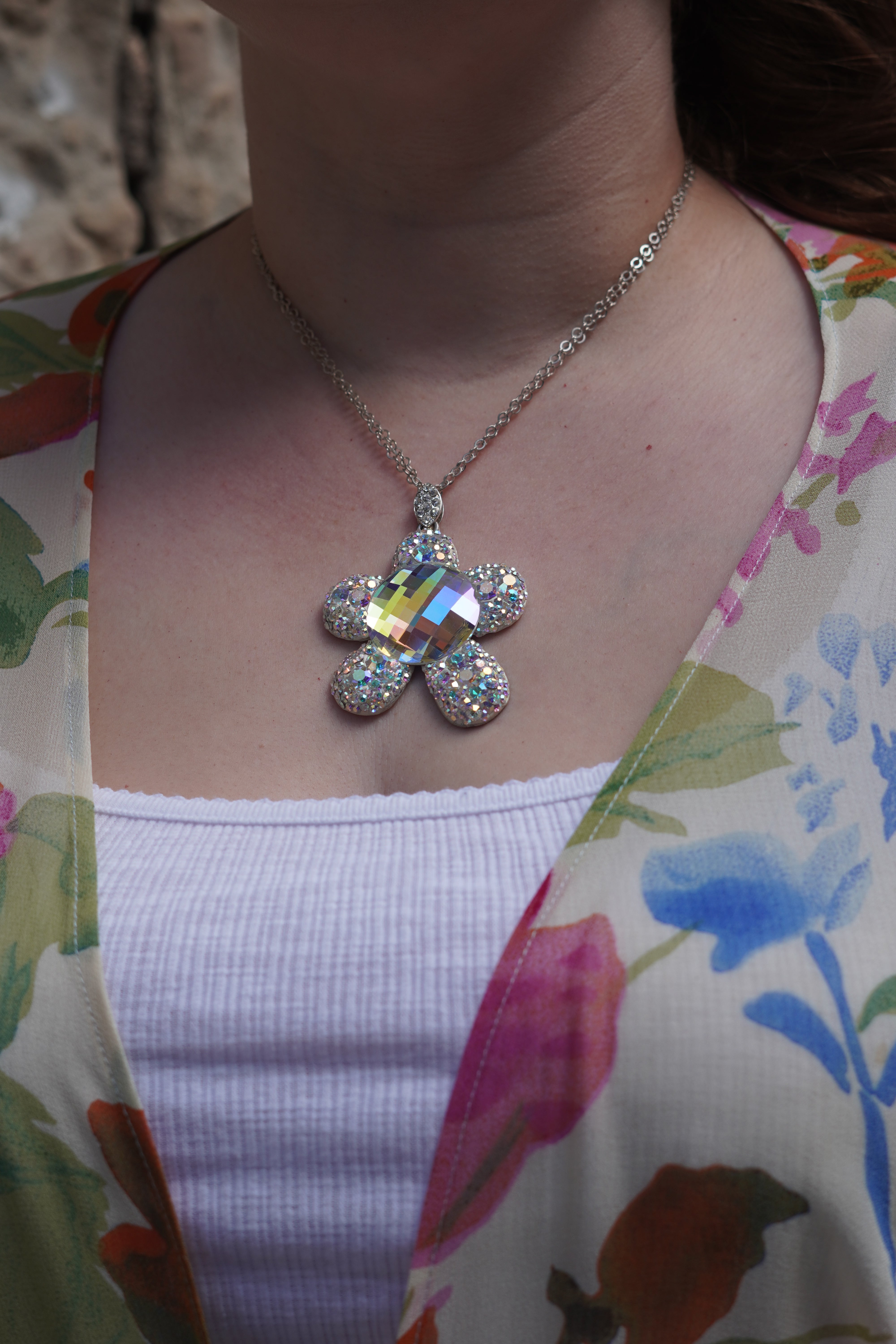 Aurora Borealis Swarovski Crystal Flower Pendant
