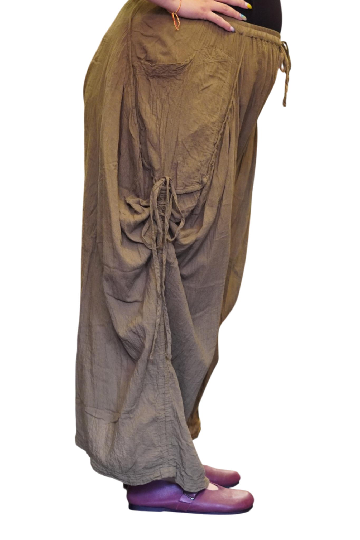 Olive Cotton Voile Tashi Versatile Pants/Skirt by Creative Design – Handmade ethical Pants/Skirt from sariKNOTsari using upcycled silk. Designed in Canada for travel and slow fashion, loved from Toronto to LA to Sydney. Featuring Zsiska, Bryn Walker and Artisan Leather coats by Rejean Pepin, Pepin designs