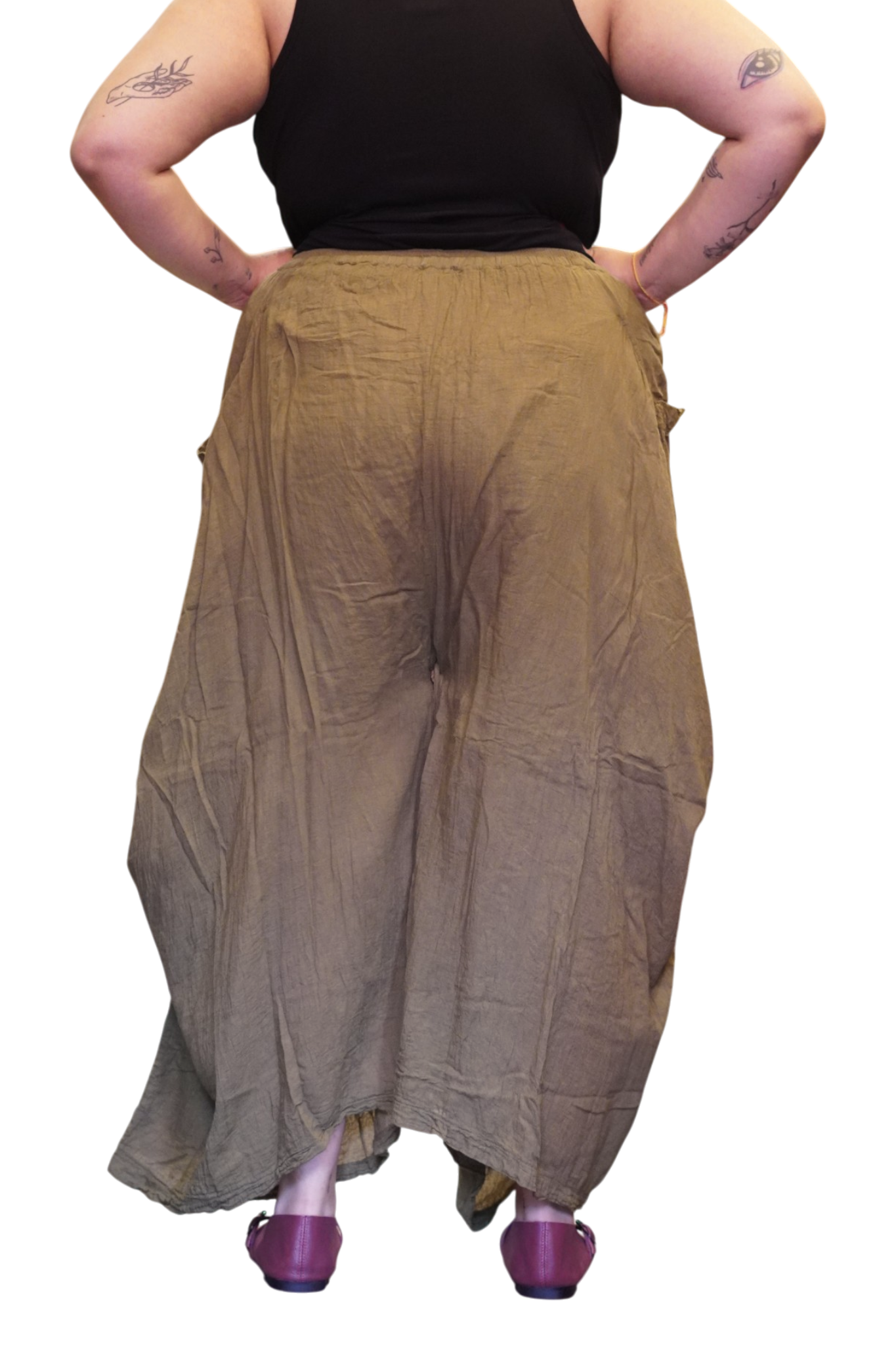 Olive Cotton Voile Tashi Versatile Pants/Skirt by Creative Design – Handmade ethical Pants/Skirt from sariKNOTsari using upcycled silk. Designed in Canada for travel and slow fashion, loved from Toronto to LA to Sydney. Featuring Zsiska, Bryn Walker and Artisan Leather coats by Rejean Pepin, Pepin designs