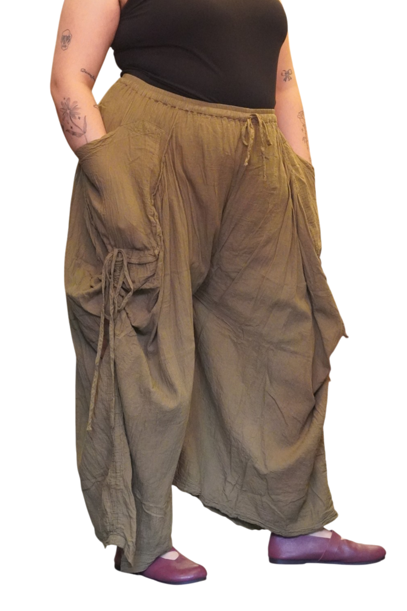 Olive Cotton Voile Tashi Versatile Pants/Skirt by Creative Design – Handmade ethical Pants/Skirt from sariKNOTsari using upcycled silk. Designed in Canada for travel and slow fashion, loved from Toronto to LA to Sydney. Featuring Zsiska, Bryn Walker and Artisan Leather coats by Rejean Pepin, Pepin designs