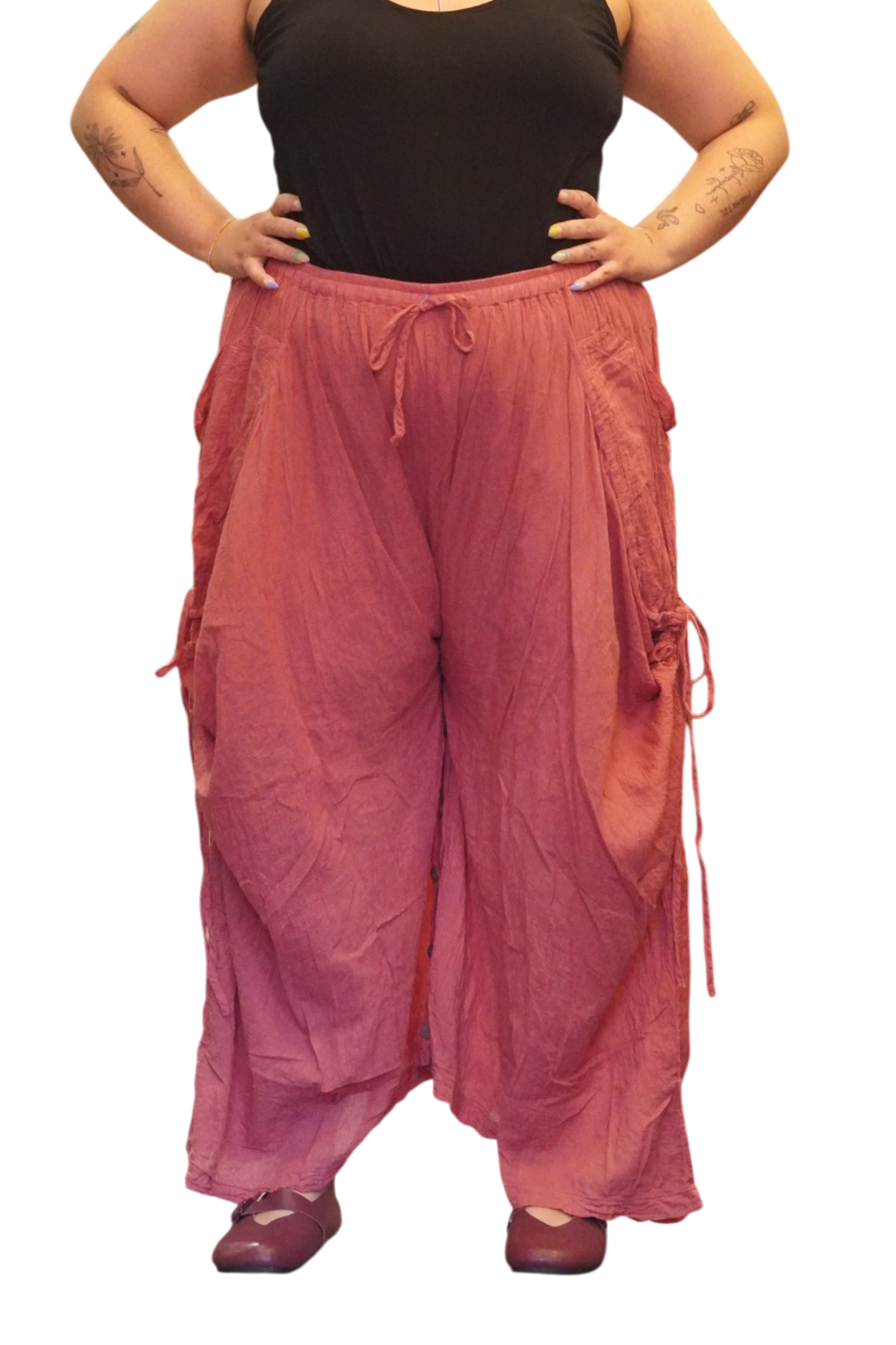 Watermelon Cotton Voile Tashi Versatile Pants/Skirt by Creative Design – Handmade ethical Pants/Skirt from sariKNOTsari using upcycled silk. Designed in Canada for travel and slow fashion, loved from Toronto to LA to Sydney. Featuring Zsiska, Bryn Walker and Artisan Leather coats by Rejean Pepin, Pepin designs