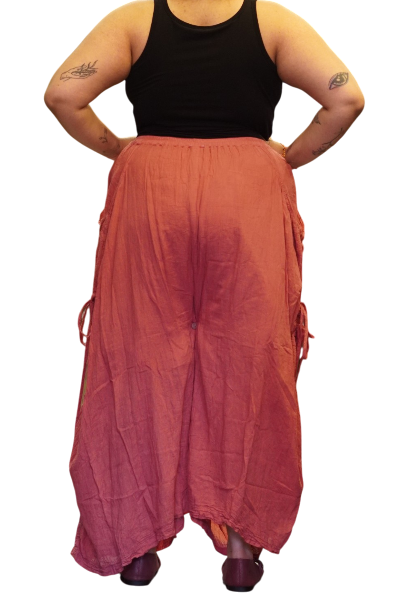 Watermelon Cotton Voile Tashi Versatile Pants/Skirt by Creative Design – Handmade ethical Pants/Skirt from sariKNOTsari using upcycled silk. Designed in Canada for travel and slow fashion, loved from Toronto to LA to Sydney. Featuring Zsiska, Bryn Walker and Artisan Leather coats by Rejean Pepin, Pepin designs