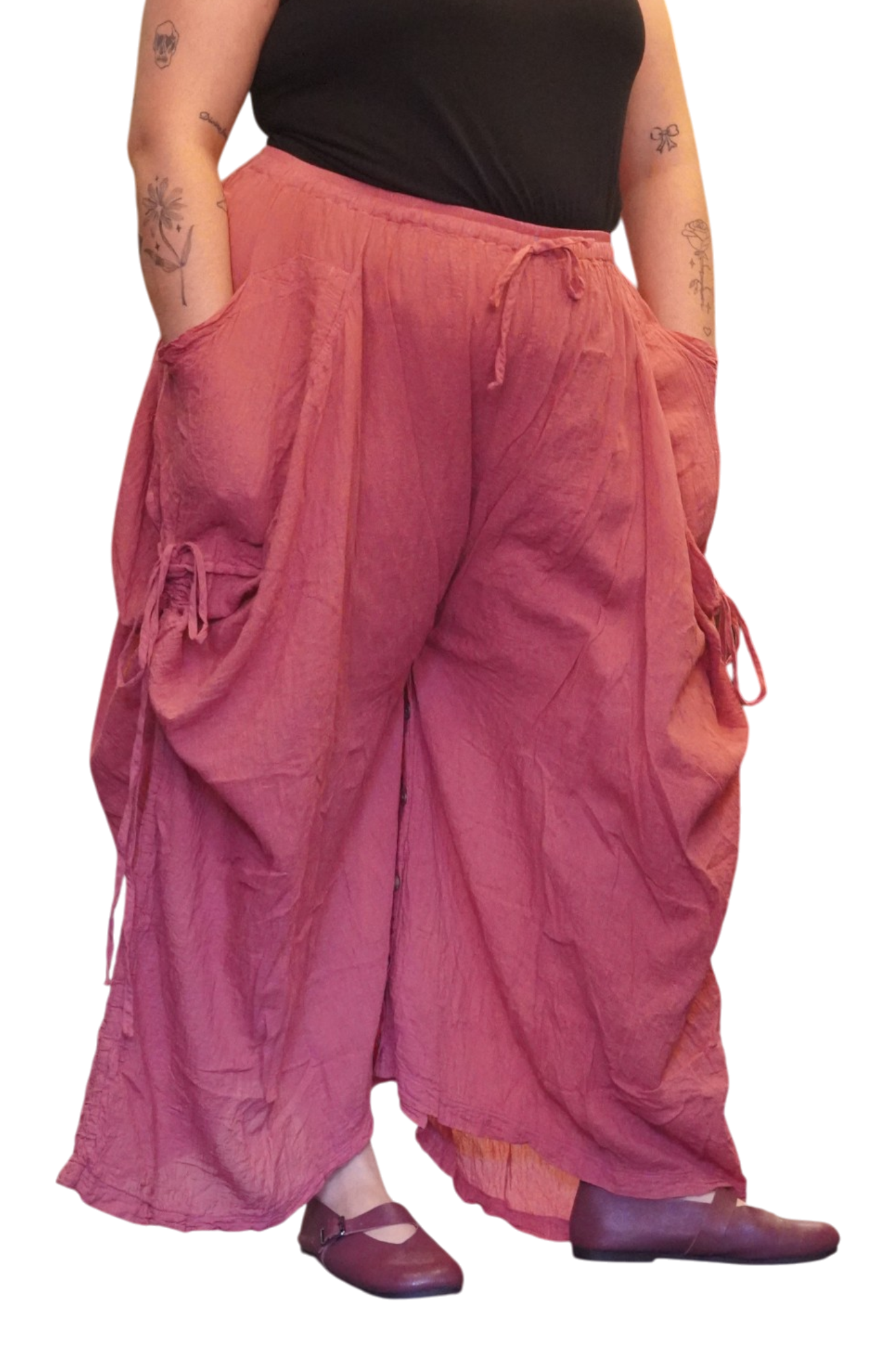 Watermelon Cotton Voile Tashi Versatile Pants/Skirt by Creative Design – Handmade ethical Pants/Skirt from sariKNOTsari using upcycled silk. Designed in Canada for travel and slow fashion, loved from Toronto to LA to Sydney. Featuring Zsiska, Bryn Walker and Artisan Leather coats by Rejean Pepin, Pepin designs