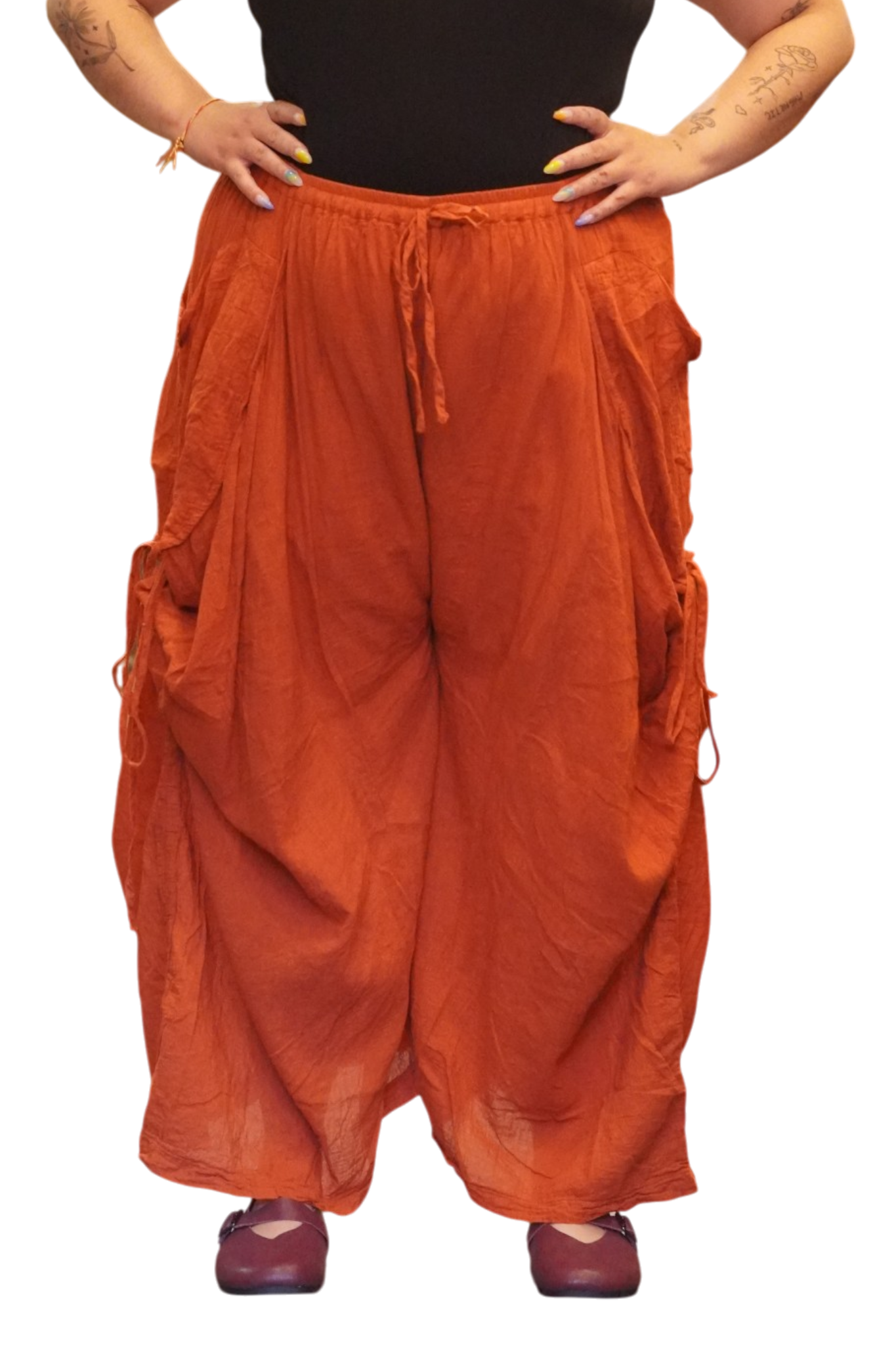 Burnt Orange Cotton Voile Tashi Versatile Pants/Skirt by Creative Design – Handmade ethical Pants/Skirt from sariKNOTsari using upcycled silk. Designed in Canada for travel and slow fashion, loved from Toronto to LA to Sydney. Featuring Zsiska, Bryn Walker and Artisan Leather coats by Rejean Pepin, Pepin designs