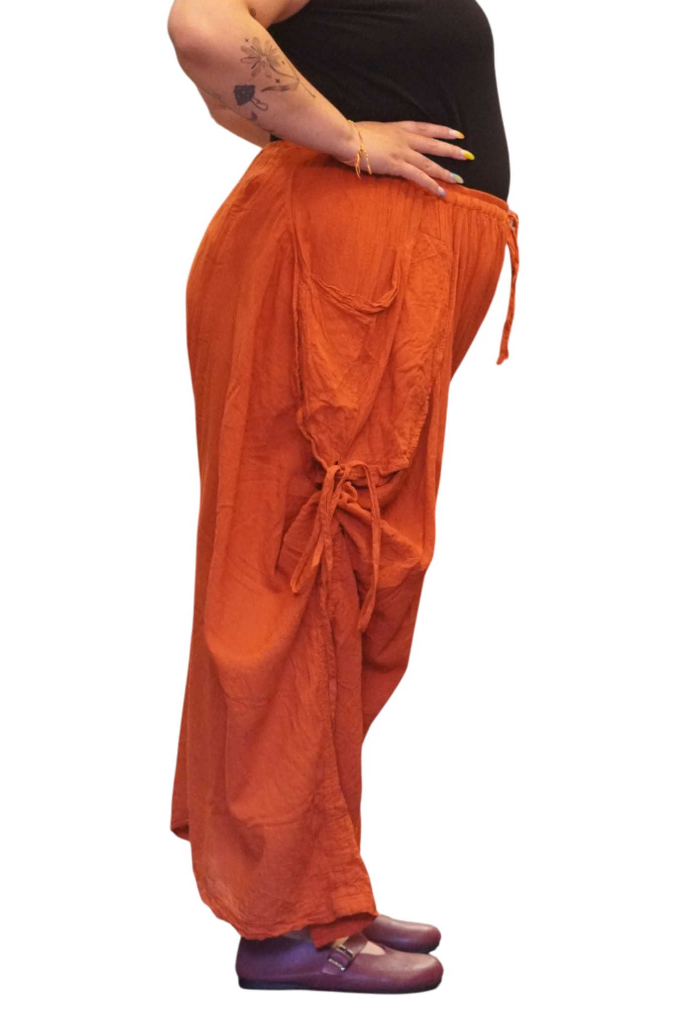 Burnt Orange Cotton Voile Tashi Versatile Pants/Skirt by Creative Design – Handmade ethical Pants/Skirt from sariKNOTsari using upcycled silk. Designed in Canada for travel and slow fashion, loved from Toronto to LA to Sydney. Featuring Zsiska, Bryn Walker and Artisan Leather coats by Rejean Pepin, Pepin designs