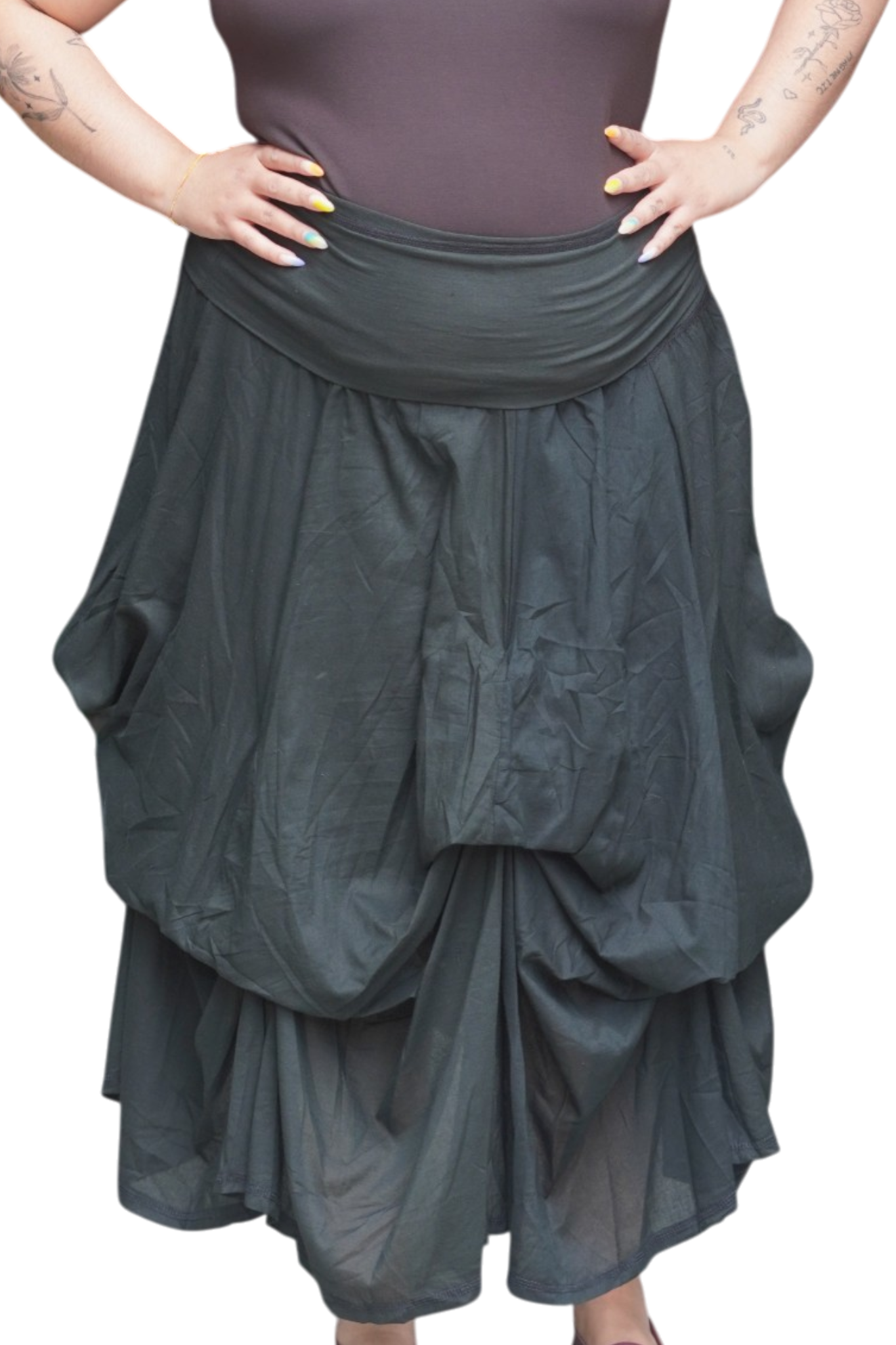 Black Gathered Bubble Cotton Voile Tiered Skirt