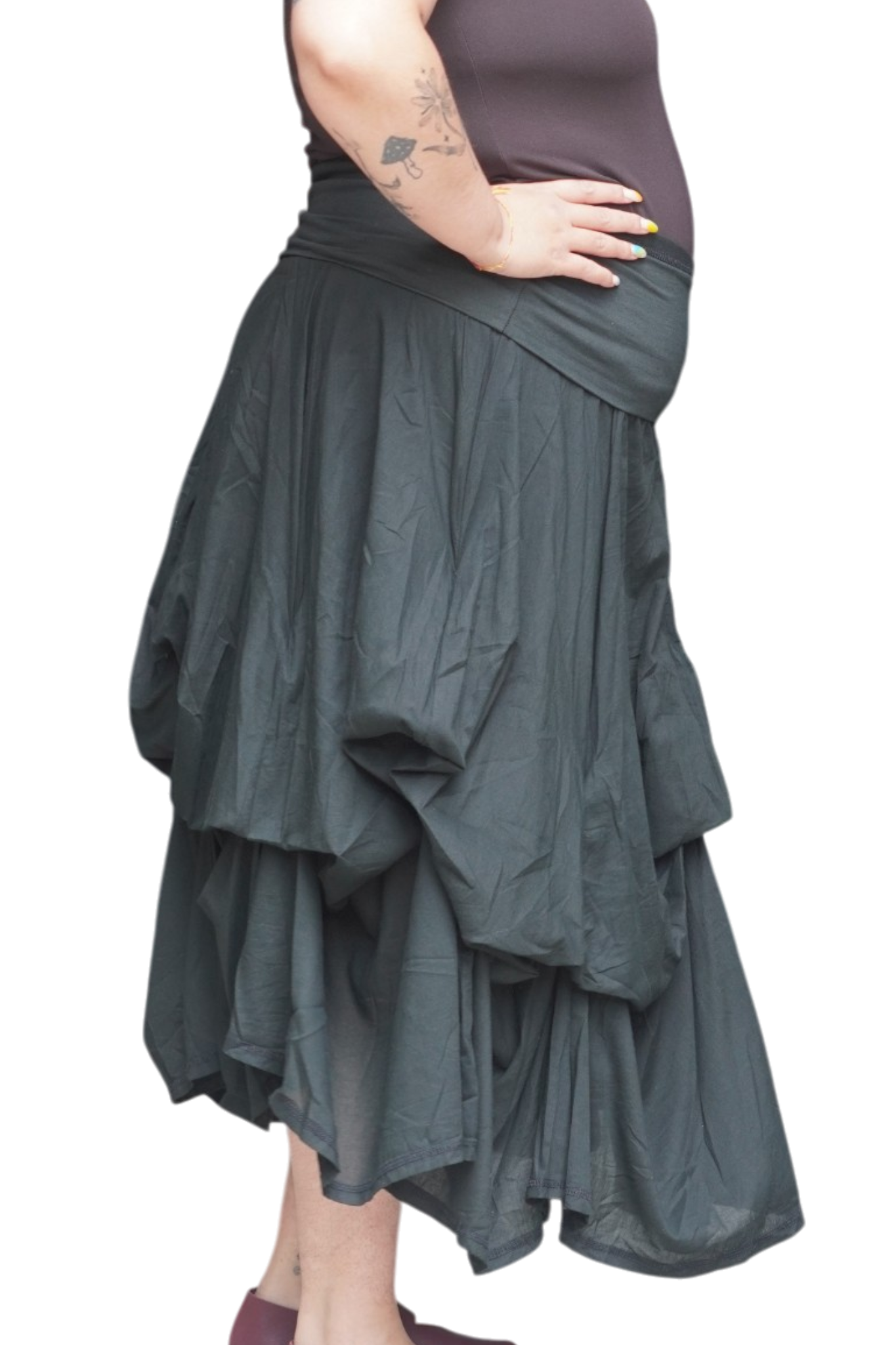 Black Gathered Bubble Cotton Voile Tiered Skirt