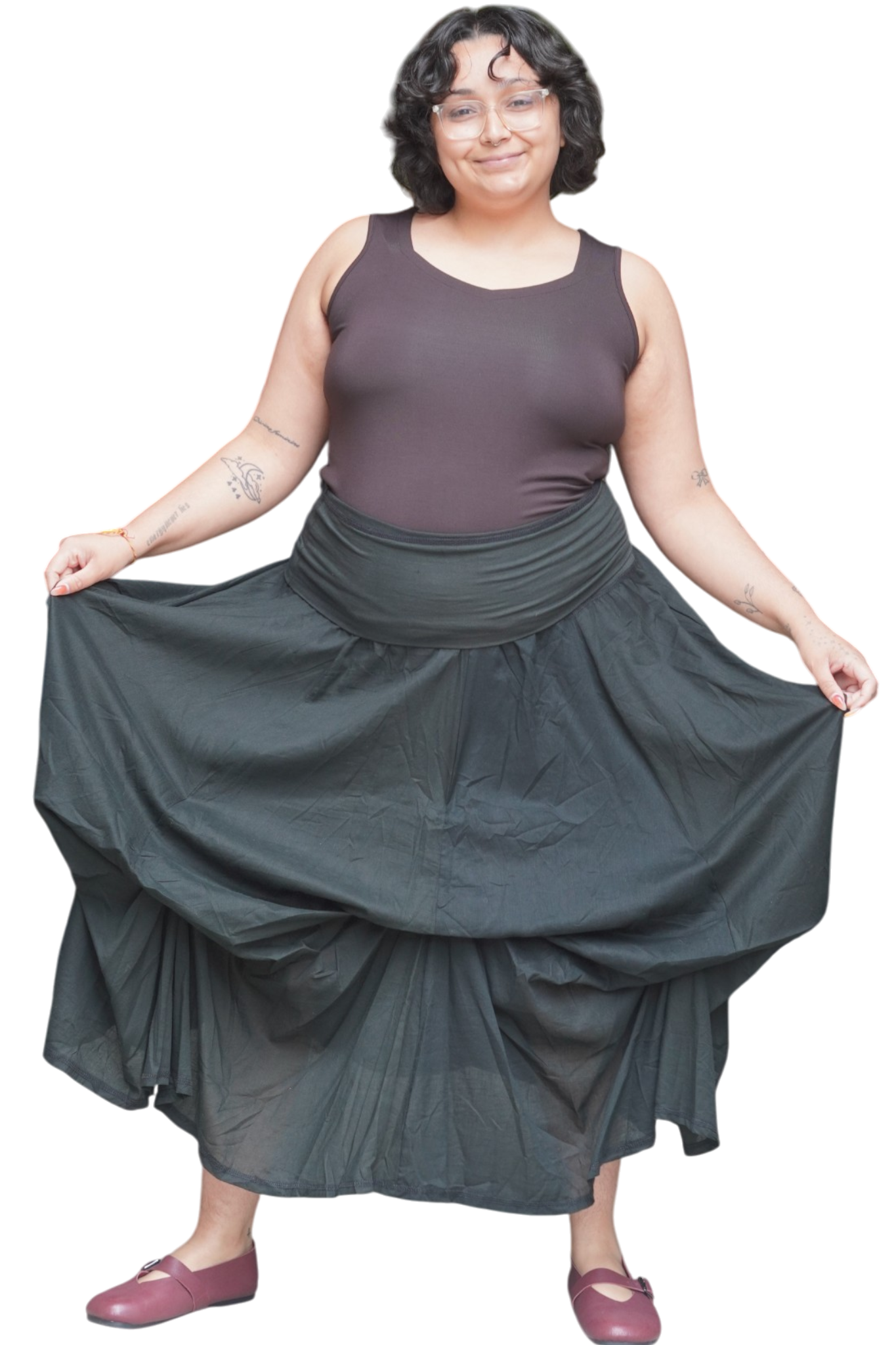 Black Gathered Bubble Cotton Voile Tiered Skirt