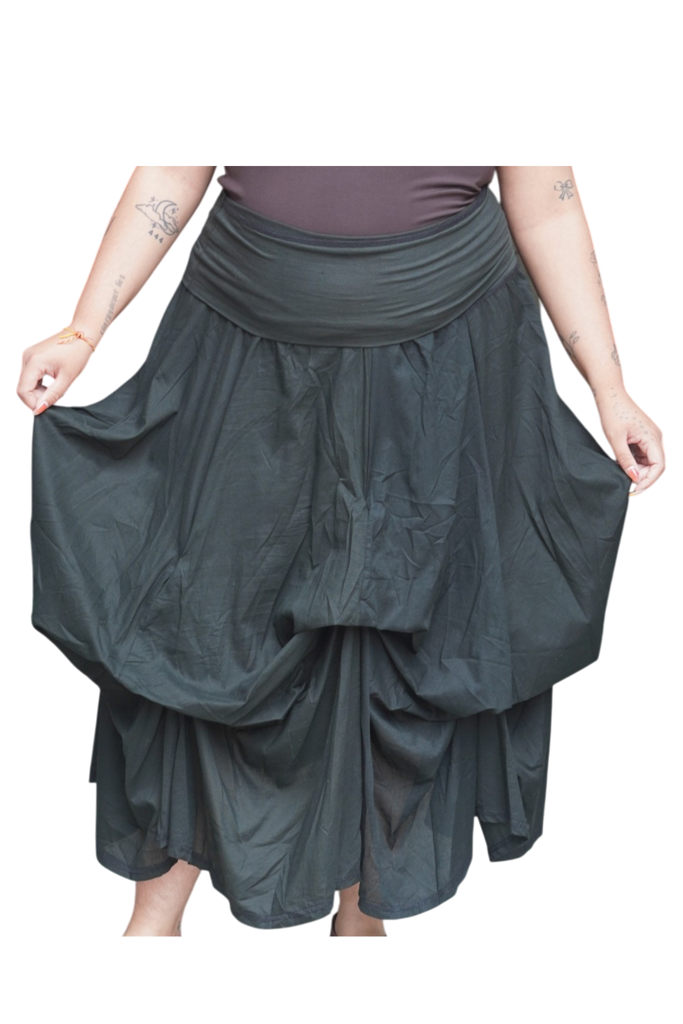 Black Gathered Bubble Cotton Voile Tiered Skirt