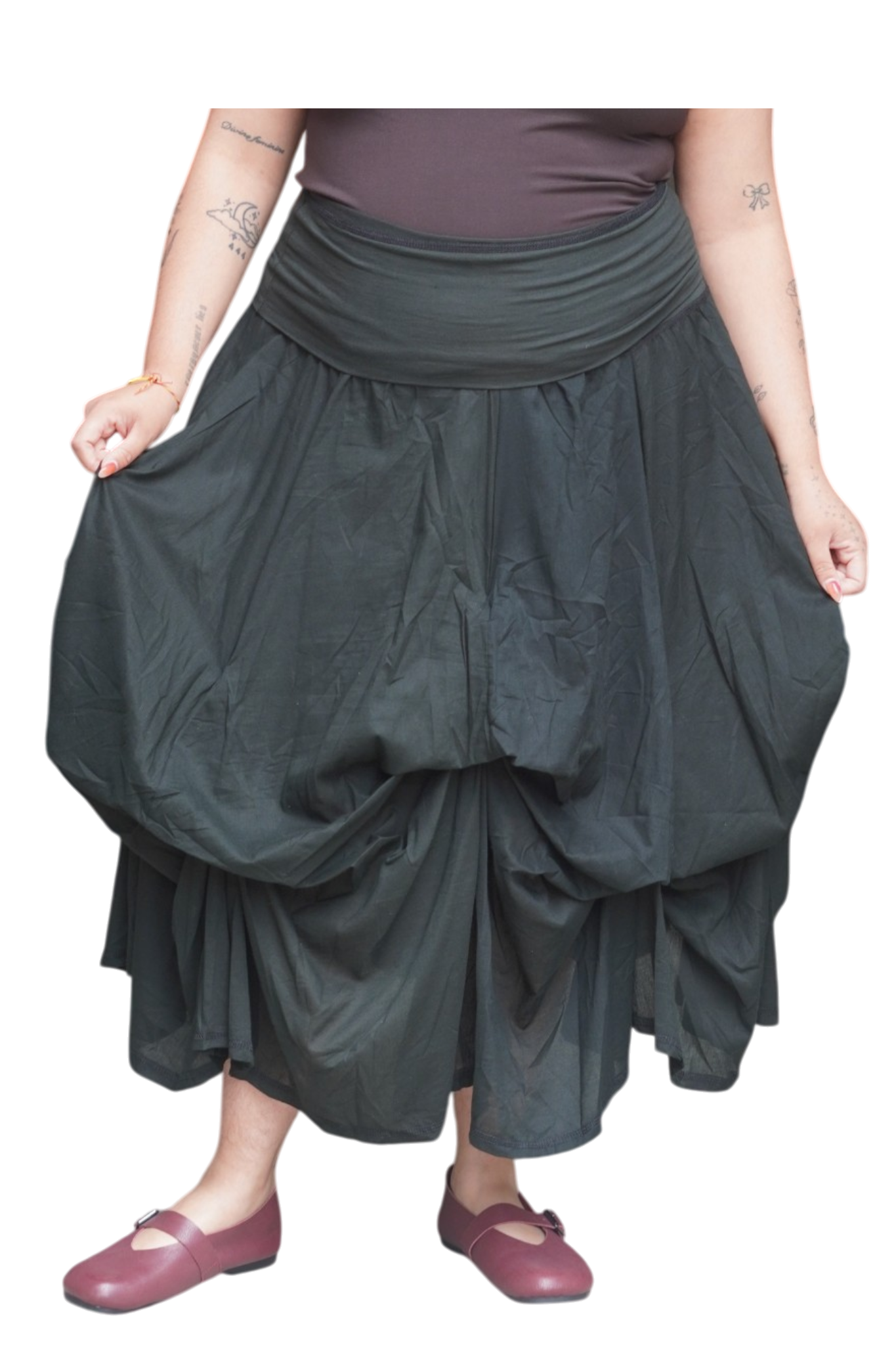 Black Gathered Bubble Cotton Voile Tiered Skirt