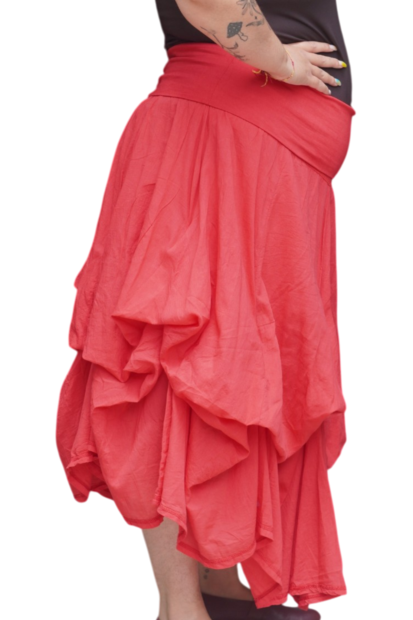 Tomato Red Gathered Bubble Cotton Voile Tiered Skirt