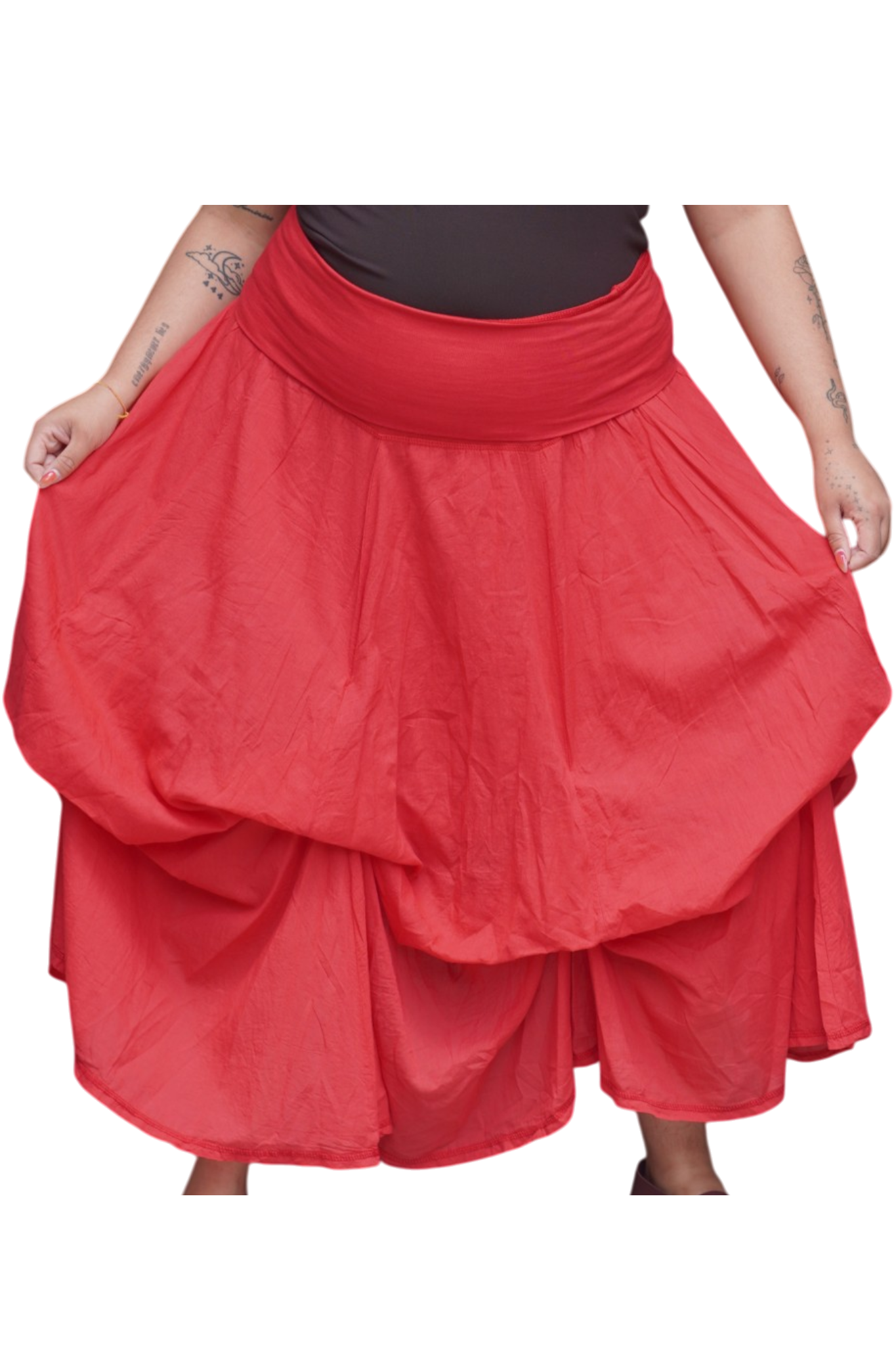 Tomato Red Gathered Bubble Cotton Voile Tiered Skirt