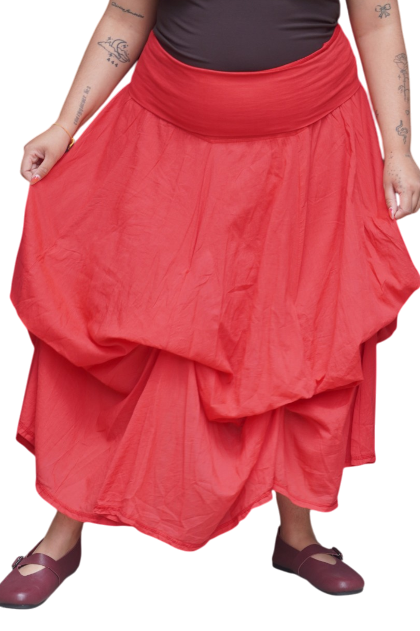 Tomato Red Gathered Bubble Cotton Voile Tiered Skirt