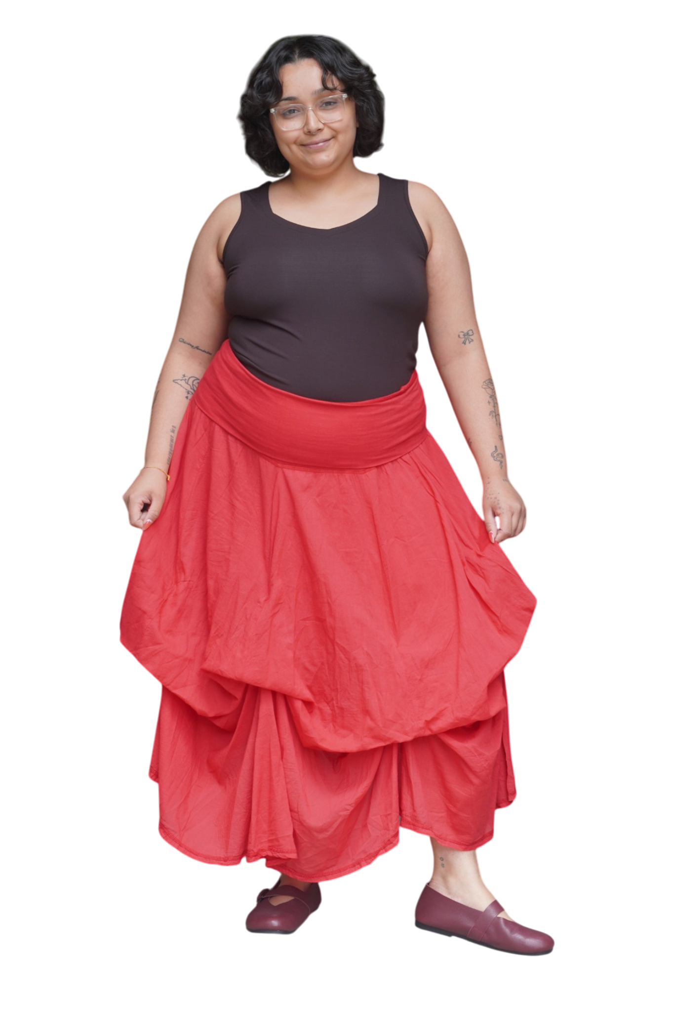 Tomato Red Gathered Bubble Cotton Voile Tiered Skirt