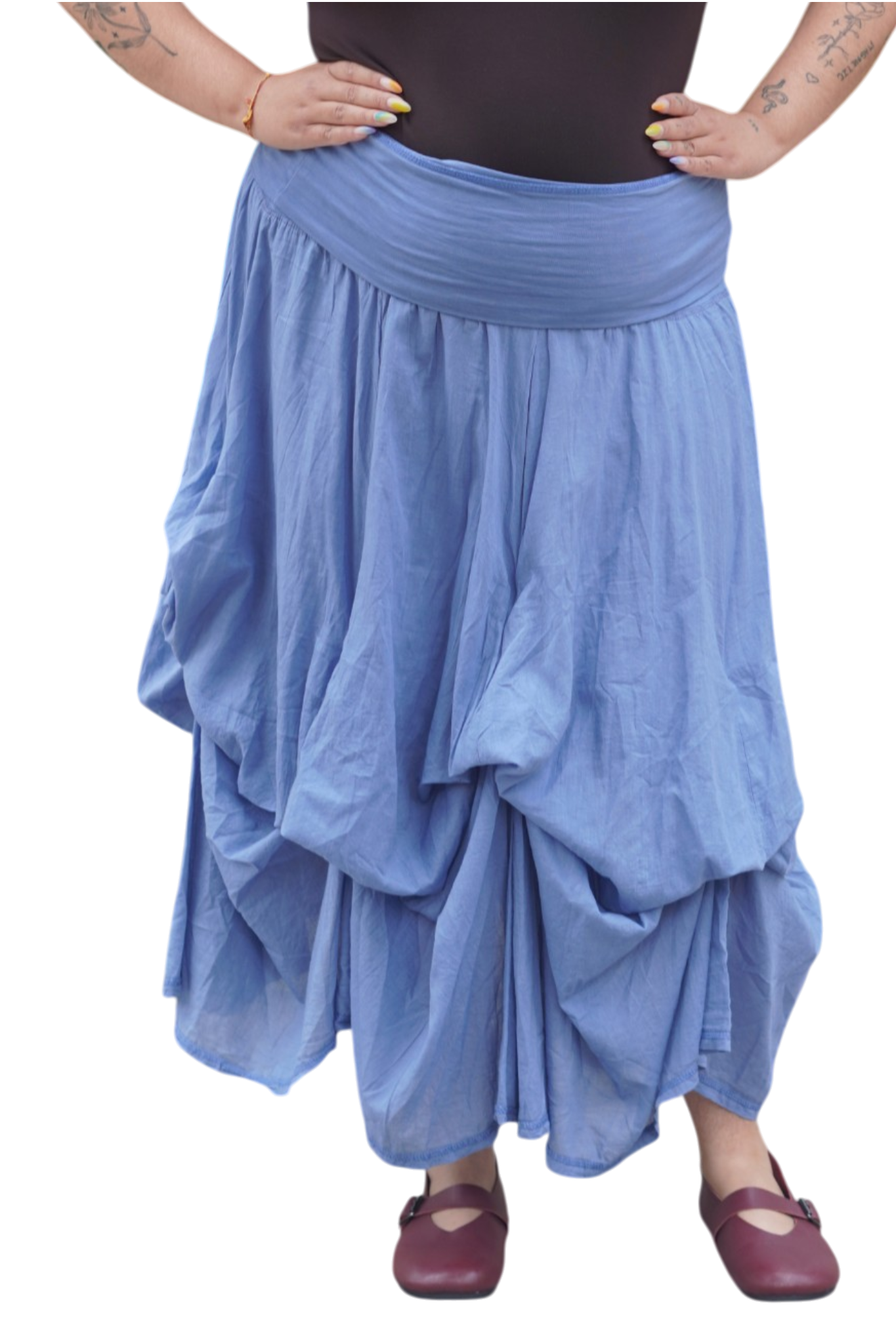Denim Gathered Bubble Cotton Voile Tiered Skirt