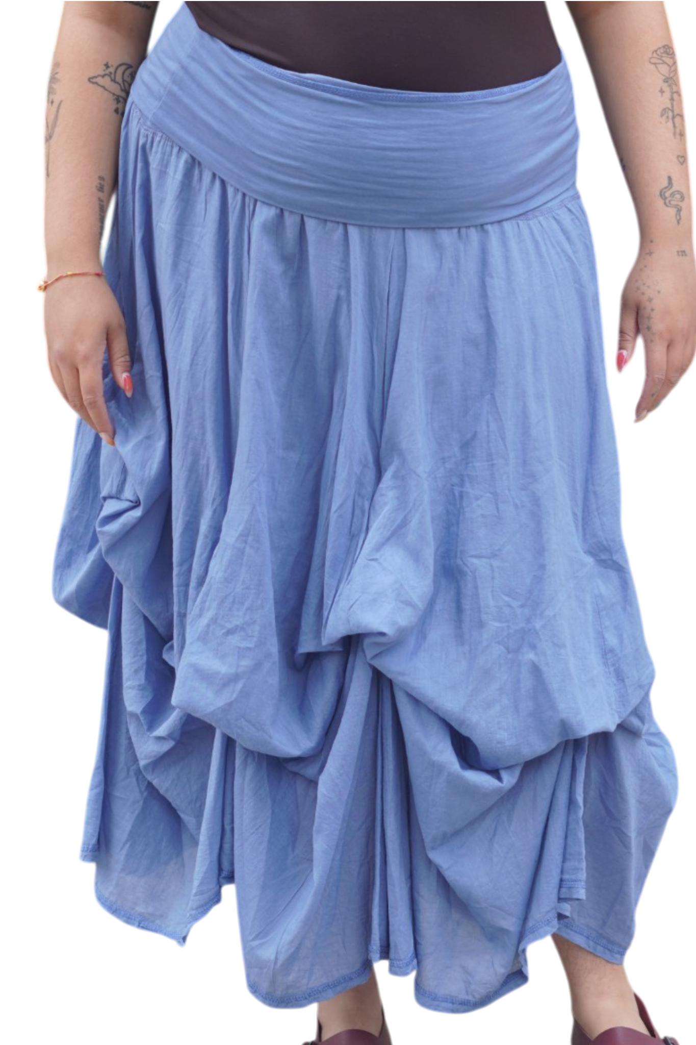 Denim Gathered Bubble Cotton Voile Tiered Skirt
