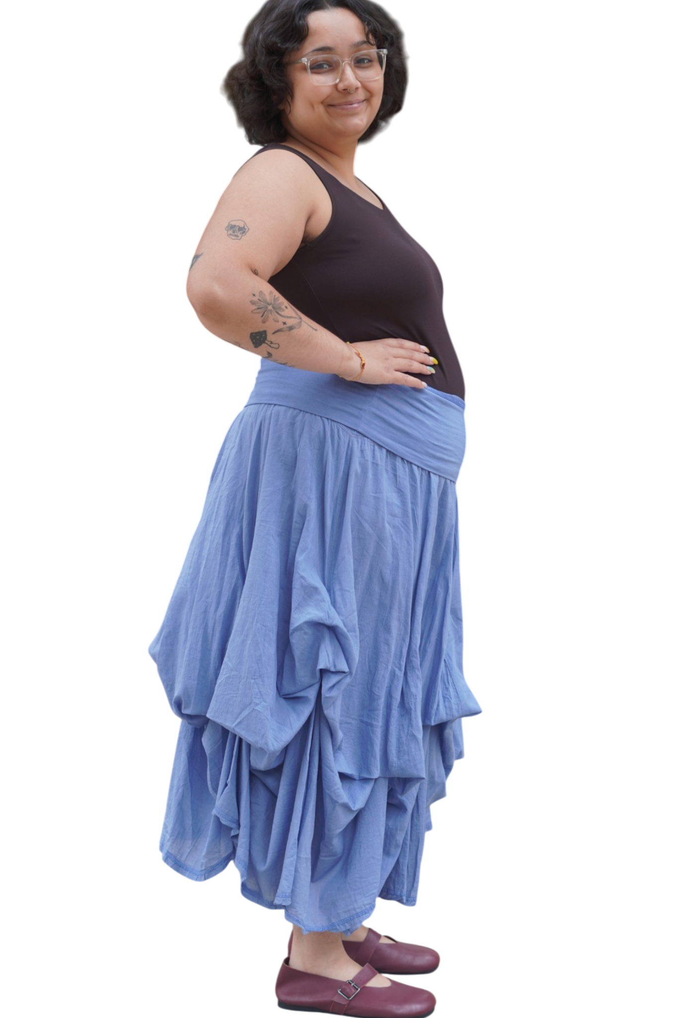 Denim Gathered Bubble Cotton Voile Tiered Skirt