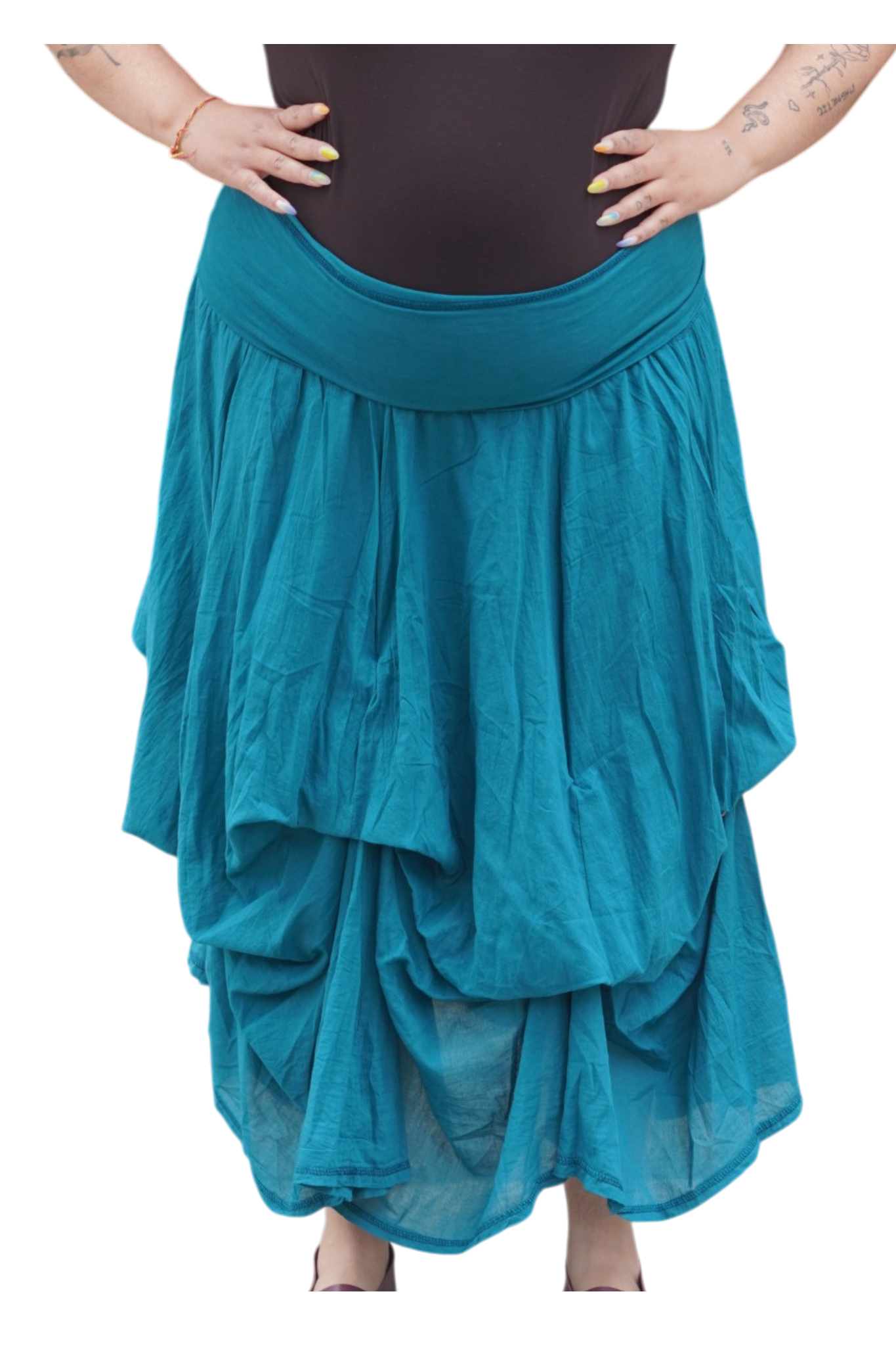Teal Gathered Bubble Cotton Voile Tiered Skirt
