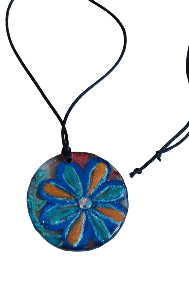 Orange and Blue Silk Inspired Flower Pendant