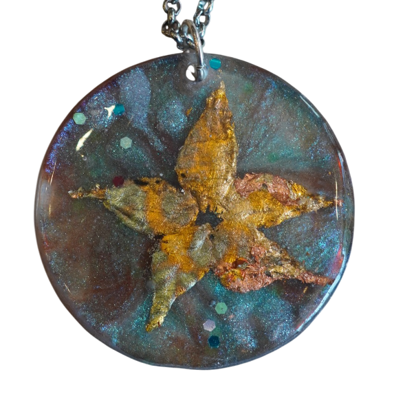 Gold and Blue Flower in Space Pendant