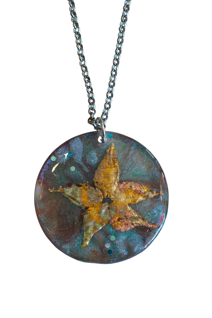 Gold and Blue Flower in Space Pendant